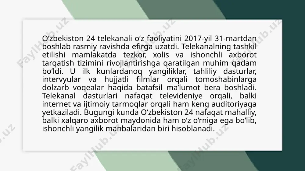 fsiz axborot almashishning yangi imkoniyatlarini yaratib, jamiyatni yanada rivojlantirishga yordam bermoqda. birinchi navbatda, raqamli texnologiyalarni joriy etish axborot tarqatishda katta o'zgarishlarni keltirib chiqardi. internetning tarqalishi bilan birga axborot almashish ancha osonlashdi. bugungi kunda odamlar internet orqali dunyoning istalgan burchagidan ma'lumot olishlari mumkin. mobil telefonlar, kompyuterlar va boshqa qurilmalar orqali axborotning o'zaro almashinuvi yanada tezlashdi. buning natijasida an'anaviy axborot tarqatish usullari, masalan, pochta, telegraf yoki telefon orqali axborot yuborish kabi usullar cheklangan ahamiyatga ega bo'lib qoldi. innovatsiyalar, ayniqsa, axborot texnologiyalarida yangi imkoniyatlarni yaratdi. bularga sun'iy intellekt (ai), katta ma'lumotlar (big data), va iot (internet of things) texnologiyalarini kiritish mumkin. bu texnologiyalar yordamida ma'lumotlarni tezkor tahlil qilish va ulardan samarali foydalanish mumkin. masalan, sun'iy intellekt tizimlari yordamida axborotni to'plash, tahlil qilish va uni foydalanuvchiga shaxsiylashtirilgan tarzda taqdim etish jarayonlari soddalashdi. etiboringiz uchun rahmat! image1.png image2.jpeg image3.jpeg image4.jpeg image5.jpeg /docprops/thumbnail.jpeg