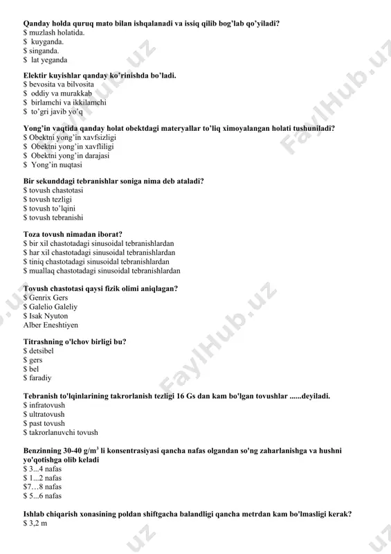 olat obektdagi materyallar to’liq ximoyalangan holati tushuniladi? $ obektni yong’in xavfsizligi $ obektni yong’in xavfliligi $ obektni yong’in darajasi $ yong’in nuqtasi bir sekunddagi tebranishlar soniga nima deb ataladi? $ tovush chastotasi $ tovush tezligi $ tovush to’lqini $ tovush tebranishi toza tovush nimadan iborat? $ bir xil chastotadagi sinusoidal tebranishlardan $ har xil chastotadagi sinusoidal tebranishlardan $ tiniq chastotadagi sinusoidal tebranishlardan $ muallaq chastotadagi sinusoidal tebranishlardan tovush chastotasi qaysi fizik olimi aniqlagan? $ genrix gers $ galelio galeliy $ isak nyuton alber eneshtiyen titrashning o'lchov birligi bu? $ detsibel $ gers $ bel $ faradiy tebranish to'lqinlarining takrorlanish tezligi 16 gs dan kam bo'lgan tovushlar ......deyiladi. $ infratovush $ ultratovush $ past tovush $ takrorlanuvchi tovush benzinning 30-40 g/m3 li konsentrasiyasi qancha nafas olgandan so'ng zaharlanishga va hushni yo'qotishga olib keladi $ 3...4 nafas $ 1...2 nafas $7…8 nafas $ 5...6 nafas ishlab chiqarish xonasining poldan shiftgacha balandligi qancha …