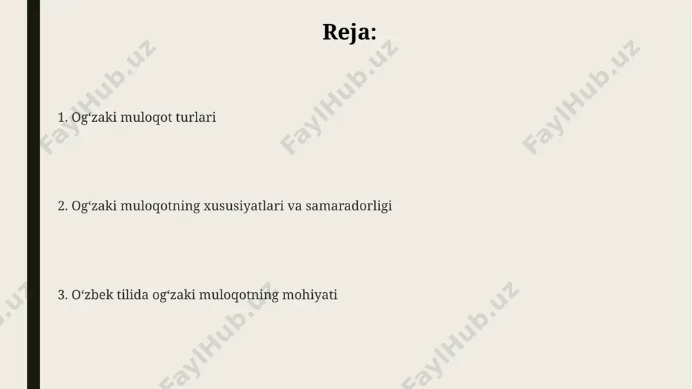oʻlishi, jumlalar sodda va aniq boʻlishi kerak. ogʻzaki nutqning samaradorligini baholashda 2 ta asosiy mezon qoʻllaniladi: tushunarlilik va taʼsirchanlik. oʻzbek ogʻzaki nutqining milliy oʻziga xosligi ogʻzaki nutqda taqlid soʻzlari (onomatopoeia) ning keng qoʻllanilishi va 5 dan ortiq turdagi intonatsion oʻzgarishlarning mavjudligi milliy rang-baranglikni aks ettiradi. "qoʻshimchalar" (suffixes) sistemasining murakkabligi va keng qoʻllanilishi oʻzbek ogʻzaki nutqining ifoda vositalarini boyitadi va uni boshqa tillardan farqlaydi. oʻzbek ogʻzaki nutqida 20 dan ortiq sheva va lahjalarning mavjudligi uning boy va xilma-xil ekanligini koʻrsatadi, bu esa milliy oʻziga xoslikning muhim tarkibiy qismidir. ogʻzaki nutqdagi xatolar va ularning oldini olish ogʻzaki nutqdagi grammatik xatolar, jumla tuzilishi va gap bogʻlash vositalaridan notoʻgʻri foydalanish bilan bogʻliq boʻlib, ularning 40% ni tashkil etadi va ularning oldini olish uchun grammatika qoidalarini chuqur oʻrganish talab etiladi. soʻz boyligini kamligi va sinonimlarni notoʻgʻri qoʻllash ogʻzaki nutqda 25% ga yaqin leksik xatolarga olib keladi, buning oldini kengroq adabiyot oʻqish va lugʻatlar bilan ishlash …