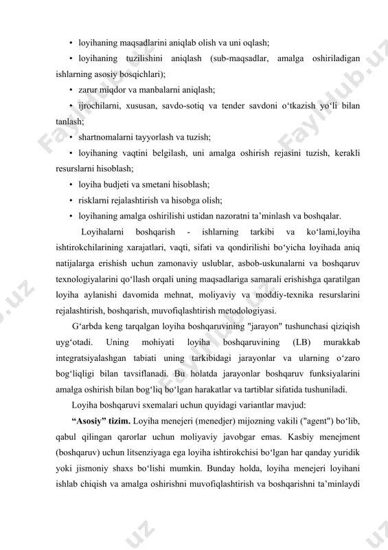 n moliyaviy javobgar emas. kasbiy menejment (boshqaruv) uchun litsenziyaga ega loyiha ishtirokchisi boʻlgan har qanday yuridik yoki jismoniy shaxs boʻlishi mumkin. bunday holda, loyiha menejeri loyihani ishlab chiqish va amalga oshirishni muvofiqlashtirish va boshqarishni ta’minlaydi hamda boshqa loyiha ishtirokchilari (mijoz yoki buyurtmachidan tashqari) bilan shartnoma munosabatlaridan iborat boʻlmaydi. tizimning afzalligi - loyiha menejerining xolisligi, kamchiliklari - loyihaning natijalari uchun javobgarlik butunlay mijozga tegishli (mas’uliyat butunlay mijozga yuklanadi). “murakkab (kengaytirilgan) boshqaruv” tizimi. loyiha menejeri (menejer) - loyiha uchun belgilangan (baholangan) narx boʻyicha javobgarlikni oladi. loyiha menejeri loyiha jarayonlarini oʻzi, mijoz va loyiha ishtirokchilari oʻrtasida tuzilgan shartnomalarga muvofiq boshqaradi va muvofiqlashtiradi. "asosiy" tizimda boʻlgani kabi, har qanday yuridik shaxs yoki jismoniyshaxs - professional boshqaruv uchun litsenziyaga ega boʻlgan va mijozga boʻlgan majburiyatlarini bajara oladigan loyiha ishtirokchisi boʻlishi mumkin. loyiha menejeri loyihani boshqaradi, yetkazib berish va muhandislik ishlarini muvofiqlashtiradi. bunday holda, javobgarlik shartnoma doirasida loyiha boshqaruvchisiga yuklanadi. “tayor holda topshirish” tizimi. loyiha menejeri …