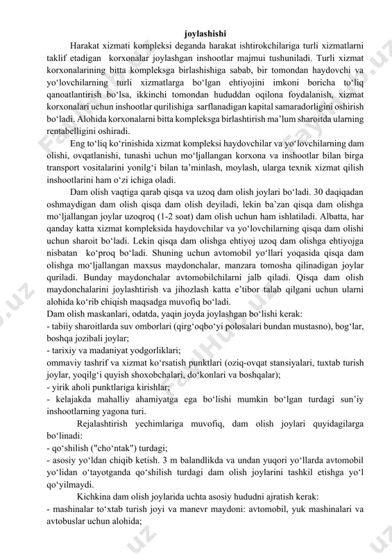 keladi. shu bilan birga kompleks tarkibi, mehmonxona yoki moteldagi o‘rinlar soni, restoran va bufetdagi joylar soni, avtomobil qo‘yish joylarining sahni aynan yo‘lovchilarning soni va ularning talablariga muvofiq bo‘lishi kerak. yo‘l harakati xizmatida avtoyoqilg‘i quyish shahobchalarining (ayqsh) ahamiyati ayniqsa katta bo‘ladi. ularning o‘tkazish xususiyati, yo‘l bo‘yida joylashishi harakat jadalligi, stansiyalarning quvvati, kapital qo‘yish zarurati va qaror qabul qilishga ta’sir qiladigan boshqa omillar e’tiborga olinib ishlab chiqilgan texnik iqtisodiy tahlilga asoslangan bo‘lishi kerak. texnik xizmat qilish stansiyalarini (txs) imkon qadar ayqsh va boshqa harakat xizmatlari bilan bitta kompleksda birlashtirish kerak. txsning yo‘l harakati xizmati tashkil qilinishi umumiy muammosidagi ahamiyati shundaki ular yth sabablaridan biri bo‘lgan transport vositalari texnik nosozliklarini bartaraf qiladi. yaxshi tashkil qilingan texnik xizmat yo‘l harakati xavfsizligini oshiradi, yth og‘irligini kamaytiradi, avtomobil transporti ishi samaradorligini ko‘paytiradi. transport vositalariga xizmat qiladigan inshootlar sirasiga shuningdek texnik yordam punktlari (typ), avtomobillarni ko‘rish estakadalari ham kiradi. yth natijasida yo‘llarda insonlar aziyat chekishadi, avtomobillar shikastlanadi, …