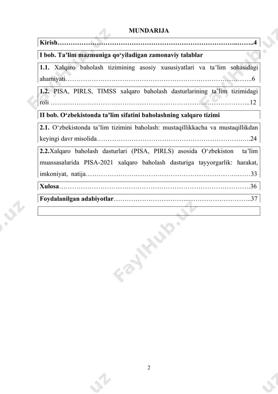 va munosabatlar bilan qayta ko‘zdan kechirishni taqazo etmoqda. hozirgi kunda butun dunyo bo‘ylab har bir sohada globallashuv va integratsiya jarayonlari o‘z aksini ko‘rsatmoqda. shu qatorda taʼlim ham davlat siyosatining ustuvor sohasiga aylandi va ushbu sohada taʼlimni yangicha innovatsion g‘oyalar asosida rivojlantirish bo‘yicha islohotlar amalga oshirila boshlandi. jamiyat va hayotda sodir bo‘layotgan yangilanishlar taʼlim tizimiga ham yangicha innovatsion yondashuvni, taʼlim, fan va ishlab chiqarish o‘rtasidagi integratsiya jarayonlarini yanada tezlashtirishga zamin yaratadi, natijada yangicha innovatsiyalarni taʼlim jarayoniga tatbiq etish dolzarb masalalar qatoridan joy oldi. taʼlim sifati va samaradorligini oshirishda xorij tajribalarni o‘rganish, tizimga xalqaro standartlar talablarining joriy yetilishi muhim ahamiyat kasb yetadi. taʼlim sifatini baholash bo‘yicha xalqaro tajribalarni o‘rganish, mavjud tizim bi lan qiyosiy, xalqaro va xorijiy tashkilotlar bilan yaqindan hamkorlik qilish, tizimda taʼlim sifatini baholash bo‘yicha xalqaro loyihalarni joriy qilish, zamon talablariga javob beradigan munosib milliy baholash tizimini takomillashtirish muhim sanaladi. kurs ishining o‘rganilganlik darajasi va metodologiyasi. kurs ishini shakllantirish va …