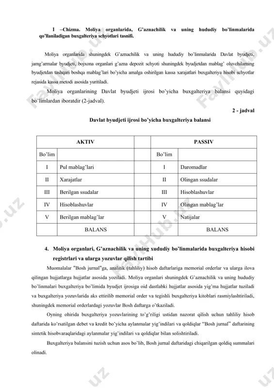 g’lari daromadlari va tushumlari hisobi kitobi, jamg’armalar mablag’lari daromadlari va tushumlari hisobi kitobi. bunda, byudjetlarning g’azna ijrosi buxgalteriya hisobi registrlari bo’yicha operatsiyalar elektron shaklda yuritiladi. davlat byudjeti, jamg’armalar byudjeti, bojxona organlari g’azna depozit schyoti shuningdek byudjetdan mablag’ oluvchilarning byudjetdan tashqari boshqa mablag’lari bo’yicha amalga oshirilgan kassa xarajatlari to’g’risidagi ma’lumot davlat byudjetining g’azna ijrosi dasturiy majmuida kunlik asosida va hisobot oyi, choragi va yilining o’sib boruvchi yakuni bilan bank ko’chirmalaridan olingan va tegishli g’azna hisobvaraqlariga (operatsiya amalga oshirilgan kunning ertangi bank kunidan kechiktirmasdan) kelib tushgan va ko’chirilgan mablag’lar to’lov hujjatlari ma’lumotlari asosida aks ettiriladi. 3. moliya organlari, g’aznachilik va uning xududiy bo’linmalarida buxgalteriya hisobida qo’llaniladigan hisobvaraqlar va buxgalteriya balansining tuzilishi. ( hisobga olinadigan ob’ektlarning iqtisodiy mazmuni bo’yicha aktiv-passiv schyotlar passiv schyotlar aktiv schyotlar hisobga olinadigan ob’ektlarning nomlanishi bo’yicha berilgan va olingan byudjet ssudalari davlat byudjeti, dmj, boshqa byudjetdan tashqari jamg’armalar, boshqa mablag’lari xarajatlar pul mablag’lari daromadlar ob’ektlarni hisobda aks ettirish usuli …