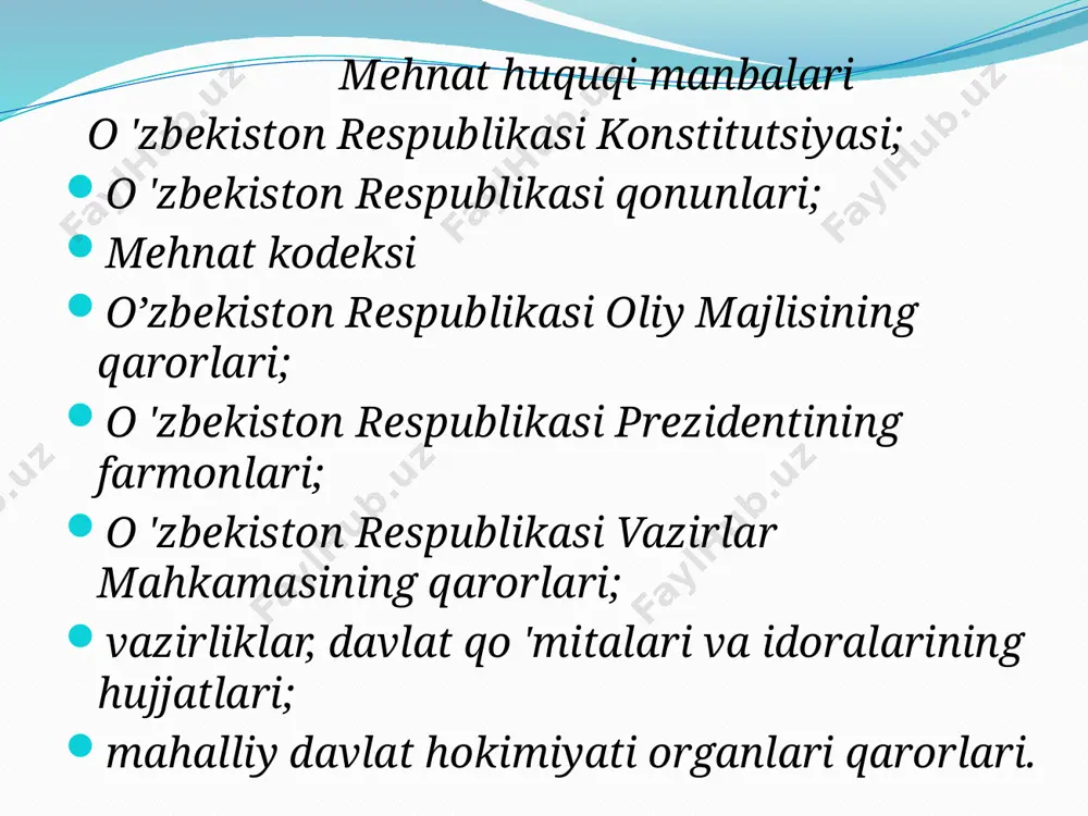 ti bo’lib hisoblanadi. shuningdek, mehnat shartnomasining quyidagi turlarini ham farqlash mumkin: o’rindoshlik bo’yicha ishlar haqidagi mehnat shartnomasi; konkurs asosida ishga qabul qilishda tuziladigan mehnat shartnomasi; korxona rahbari bilan tuziladigan mehnat shartnomasi; kasanachilar (uy xodimlari) uy xizmatkorlari. mehnat kodeksining 115-moddasida korxona, muassasa va tashkilotlarda ishlayotgan xodimlarning normal ish haftasi 40 soatdan ortiq boimasligi ko’rsatilgan. bu qoida barcha xodimlarga taalluqli bo’lib, butun ish vaqti tuzumi, shu jumladan, ish vaqtini jamlab hisoblash uchun majburiy hisoblanadi, qarorlarda qisqartirilgan ish vaqti muddati nazarda tutilgan hollarda, normal ish vaqti muddati haftasiga 40 soatdan kamroq, masalan haftasiga 36, 35, 30 va 24 soat bo’lishi mumkin. bundan tashqari, amaldagi qonunchilikda olti kunlik ish haftasida ish kunining muddati 7 soatdan, 5 kunlik ish haftasida esa 8 soatdan ortib ketmasligi belgilab qo’yilgan. ish vaqtini jamlab hisobga olish joriy etilgan korxonalarda kodeksning 123-moddasida nazarda tutilgan qoidalarga muvofiq ish vaqtining (smenasining) muddati 12 soatdan ortib ketmasligi lozim. ish vaqtining qisqartirilgan muddati quyidagilar …