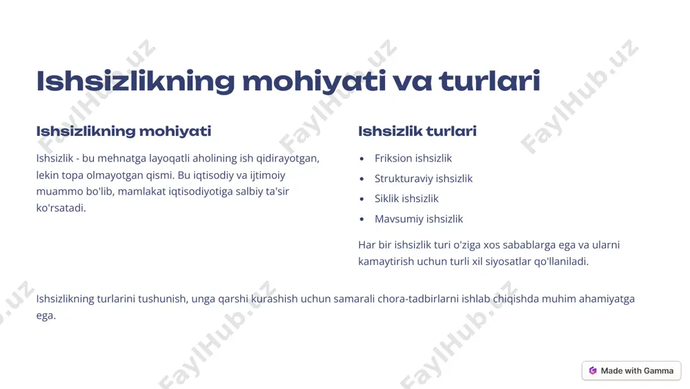 mtiyozlari, tadbirkorlikni rag'batlantirishi va yangi ish o'rinlarini yaratishga yordam berishi mumkin. davlat qarzi qarzni to'g'ri boshqarish, fiskal siyosatning samaradorligini oshirishi mumkin. fiskal siyosat, davlatning byudjet xarajatlari va soliq siyosati orqali ishsizlikni kamaytirishga qaratilgan muhim vositadir. https://gamma.app/?utm_source=made-with-gamma davlatning ishsizlikka qarshi siyosati: pul- kredit siyosati foiz stavkalari foiz stavkalarini pasaytirish, kredit olishni osonlashtiradi va investitsiyalarni rag'batlantiradi. pul massasi pul massasini ko'paytirish, iqtisodiy faollikni oshirishi va yangi ish o'rinlarini yaratishga yordam berishi mumkin. valyuta kursi valyuta kursini boshqarish, eksportni rag'batlantirishi va mahalliy ishlab chiqaruvchilarni qo'llab-quvvatlashi mumkin. pul-kredit siyosati, markaziy bankning pul massasi, foiz stavkalari va valyuta kursini boshqarish orqali ishsizlikni kamaytirishga qaratilgan muhim vositadir. https://gamma.app/?utm_source=made-with-gamma davlatning ishsizlikka qarshi siyosati: mehnat bozori siyosati 1 ta'lim va malaka oshirish ishsizlarga yangi kasblarni o'rgatish, ularning mehnat bozoridagi raqobatbardoshligini oshiradi. 2 ish bilan ta'minlash xizmatlari ish qidiruvchilarga ish topishda yordam berish, ish beruvchilar bilan bog'lanish imkoniyatini yaratish. 3 mehnatni muhofaza qilish ishchilarning huquqlarini himoya qilish, xavfsiz va …
