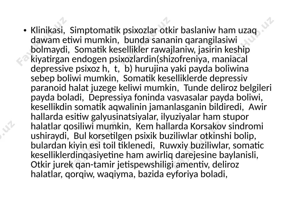 y asteniya basqa somatik keselliklerdegi asteniyadan pariq qilmaydi ham ruwxiy harginliq, faoliyatsizliq benen tariplenedi, bazi keselliklerge anozognoziya(oz halation jeterlishe baqalamasliq) tan. tuberkulyoz keselligi awirlasip bariwi menen, nawqaslarda omentiv halat rawajlaniwi mumkin, nawqasdingapi uzik-juliq noadekvat boladi, fivroz-kovernoz tuberkulyoz awir keshkende omentiv halat kop ushiraydi, bul halatlarda deliroz, katatonik buziliwlar, verval galyusinasiyalar guzetiliwi mumkin, bir yarim eki ayga diyin saqlangan omensiya, kesellikdin rawajlanganligin ham tuberkulyoz menengiti kelip shigiwi mumkinligin korsetedi, tuberkulyoz keselliginde deleriy ishkilik ishetinler kop ushiraydi, bunin klinik korinisine verval ham koriw galyusinasiyalari kiredi, jenil astenik aljastiriw foninda paranoid halat rawajlaniwi mumkin, bunda olar har qiyli vasvasalar(guzetiw, zaharleniw)haqqinda, awqatti rad etiwdi aytadi, olar qisqa muddetli eyforiyadan kiyin tasirleniwshenlikdin pasiygenligi, kem hareketlik guzetiledi, antibiotiklerdi, antibakterial darilerdi tasirshen qollaw, olardagi ruwxiy buziliwlardi kemeytiw, daslep sana buziliwlari ham astenik alamatlar jiyindisi jogaladi, hamiledarliqdan kiyingi psixozlar-sananin omentiv buziliwi, depressive belgiler menen guzetiledi, bunday psixik buziliwlar, endogen psixozdin(shizofreniya, epilepsiya) baslangish basqishi boliwi mumkin, hamiledarliqdan kiyingi psixozlar …