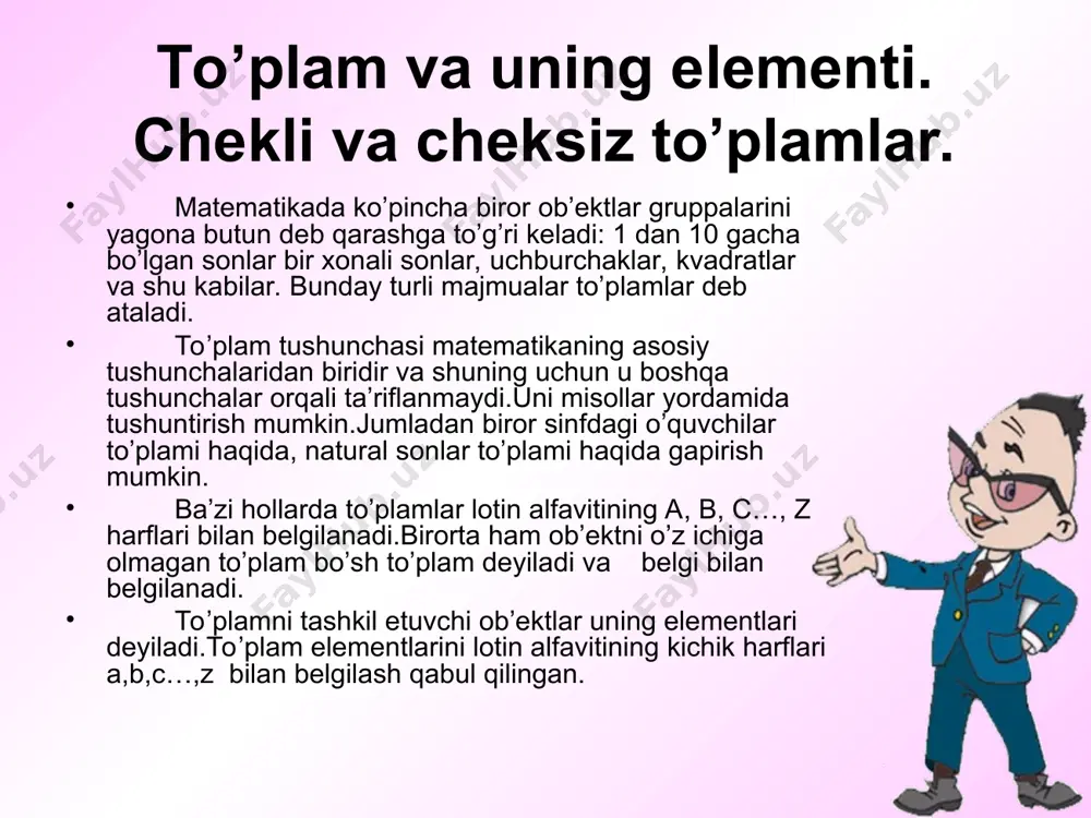 hosil qilish mumkin. masalan, a = {1, 2, 3} va b = {3, 5} to’plamlarni olamiz va mumkin bo’lgan tartiblangan juftliklarni shunday hosil qilamizki, jutliklarning birinchi komponentasi a to’plamdan, ikkinchi komponentasi esa b to’plamdan tanlab olinsin. ushbu to’plamga ega bo’lamiz: {(1,3), (1,5), (2,3), (2,5), (3,3), (3,5)} formal xarakterga ega bo’lgan ushbu masalaga konkret ma’no berish mumkin bo’gan barcha ikki xonali sonlarni shunday hosil qilingki,bunda o’nliklar raqami 1,2,3 raqamlardan tanlab olinadi,birliklar raqami esa 3 yoki 5 raqami bo’lishi mumkin. ta’rif. a va b to’plamlarning dekart ko’paytmasi deb birinchi komponentasi a to’plamga,ikkinchi komponentasi b to’plamga tegishli bo’lgan juftliklar to’plamiga aytiladi. ab = {(x,y)/, xa, yb} a va b to’plamlarning dekart ko’paytmasi ab kabi belgilanadi. dekart ko’paytmani topishda qo’llaniladigan amal to’plamlarning dekart ko’paytirish deyiladi. ta’rif. a1, a2, …, an to’plamlarning dekart ko’paytmasi deb uzunligi n bo’lgan shunday kortejlar to’plamiga aytiladiki,bunda kortejning birinchi komponentasi a1 to’plamga,ikkinchi komponentasi a2 to’plamga ,…, n-komponentasi an to’plamga tegishli …