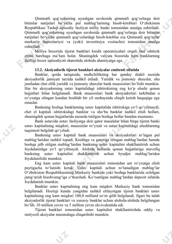 liya vazirligi va oʻzbekiston respublikasi markaziy banki tomonidan belgilangan tartibda amalga oshiriladi. bunda veksel beruvchining yoxud vekselda koʻrsatilgan boshqa toʻlovchining vekselda nazarda tutilgan muddat kelganda veksel egasiga muayyan summani toʻlashga doir qatʼiy majburiyatini tasdiqlovchi noemissiyaviy qimmatli qogʻoz veksel hisoblanadi. mamlakatimizda va xorijiy emitentlar qimmatli qogʻozlarni mustaqil ravishda, shuningdek banklar va investitsiya vositachilari orqali joylashtirish huquqiga ega. ayni paytda tashqi iqtisodiy faoliyat milliy baki tomonida “kvars” aksiyadorlik jamiyati aksiyalari joylashtirilayotganligi bunga yaqqol misol boʻladi. shu oʻrinda “qimmatli qogʻozlarga doir narxlarning, talab va taklifning darajasini saqlab turish uchun birja bitimlari tuzilganda market-meyker birjaga, qimmatli qogʻozlar markaziy depozitariysiga, shuningdek oʻzbekiston respublikasi tashqi iqtisodiy faoliyat milliy bankiga yigʻimlar va boshqa toʻlovlar toʻlashdan ozod qilinganligini”89 taʼkidlash lozim. emitentlar qimmatli qogʻozlarni mustaqil ravishda, shuningdek banklar va investitsiya vositachilari orqali joylashtirish huquqiga ega. bunda banklar va investitsiya vositachilari emitentlar tomonidan chiqarilgan emissiyaviy qimmatli qogʻozlar chiqarilishining joylashtirilmagan qismini sotib olish majburiyatini olib yoki olmagan holda emissiyaviy qimmatli qogʻozlarni …