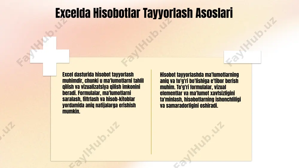 a shablonlardan foydalanish esa vaqtni tejash va xatoliklarni kamaytirishga imkon beradi. o'qitilgan metodlar va texnikalar yordamida ish unumdorligini oshirish mumkin. yangiliklarni o'rganish va amaliyotda qo'llash kelajakdagi muvaffaqiyat uchun muhimdir. photo by thisisengineering on unsplash 1 2 3 foydalanilgan adabiyotlar 1. o'zbekiston respublikasi ta'lim vazirligi. (2019). excel dasturida hisobotlarni tayyorlash va tahlil qilish. toshkent: o'zbekiston matbuot nashriyoti. 2. akmalov, d. (2020). ma'lumotlarni vizuallashtirish va grafiklar bilan ishlash usullari. o'zbekiston iqtisodiyotida innovatsiyalar. toshkent: innovatsion nashriyot. 3. qodirov, s. (2021). excelda avtomatlashtirish va shablonlardan foydalanish. zamonaviy ofis dasturlari. toshkent: o'zbekiston universiteti nashriyoti. 4. mustaqil, n. (2018). excel yordamida hisobotlar tayyorlash bo'yicha amaliy qo'llanma. toshkent: moliya va iqtisodiyot nashriyoti. 5. yusufov, a. (2022). ma'lumotlarni vizuallashtirish texnologiyalari va grafiklar yaratish. axborot texnologiyalari va kommunikatsiyalar. toshkent: texnologiya nashriyoti. e'tiboringiz uchun rahmat! image1.png image2.png image3.png image4.png image5.png image21.jpg image7.png image8.png image9.png image6.png image22.jpg image23.jpg image20.png