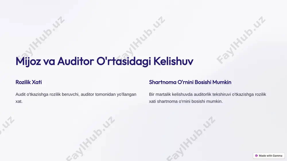 vaqtiga asoslangan to'lov. $3 ishbay to'lov har bir operatsiya yoki hisobot elementini tekshirish uchun bajarilgan ish hajmi asosida to'lov. $4 natijalar bo'yicha to'lov mijoz uchun iqtisod qilingan moliyaviy resurslardan ulush sifatida to'lov. 7 majburiyat xatining vazifalari 1 audit ob'ekti tekshirilishi kutilayotgan korxona va uning faoliyatini aniqlash. 2 mijozning majburiyati taqdim etilgan ma'lumotlarning to'g'riligi uchun javobgarlik. 3 auditorning majburiyati mijozning tijorat sirini saqlash majburiyati. 4 qo'llaniladigan qonunlar auditor tomonidan qo'llaniladigan qonunlar va me'yorlarni belgilash. 8 audit tekshiruvi shartnomasi shartnoma imzolash majburiyat xati qabul qilinganidan keyin shartnoma imzolanadi. tomonlarning majburiyatlari auditorning xizmat ko'rsatish va mijozning to'lov majburiyatini aniq belgilash. audit xulosasi auditorning xulosa berish imkoniyatlari va cheklovlarini aniq ko'rsatish. xizmat haqi tekshiruv hajmi va xavfini hisobga olgan holda xizmat haqini belgilash. 9 xulosa auditorlik tekshiruvi o'tkazishga rozilik berish to'g'risidagi xat mijoz va auditor o'rtasidagi o'zaro munosabatlarning muhim qismi hisoblanadi. majburiyatlarni aniqlash va tushunmovchiliklarni oldini olish uchun ushbu xatni to'g'ri tayyorlash va imzolash …