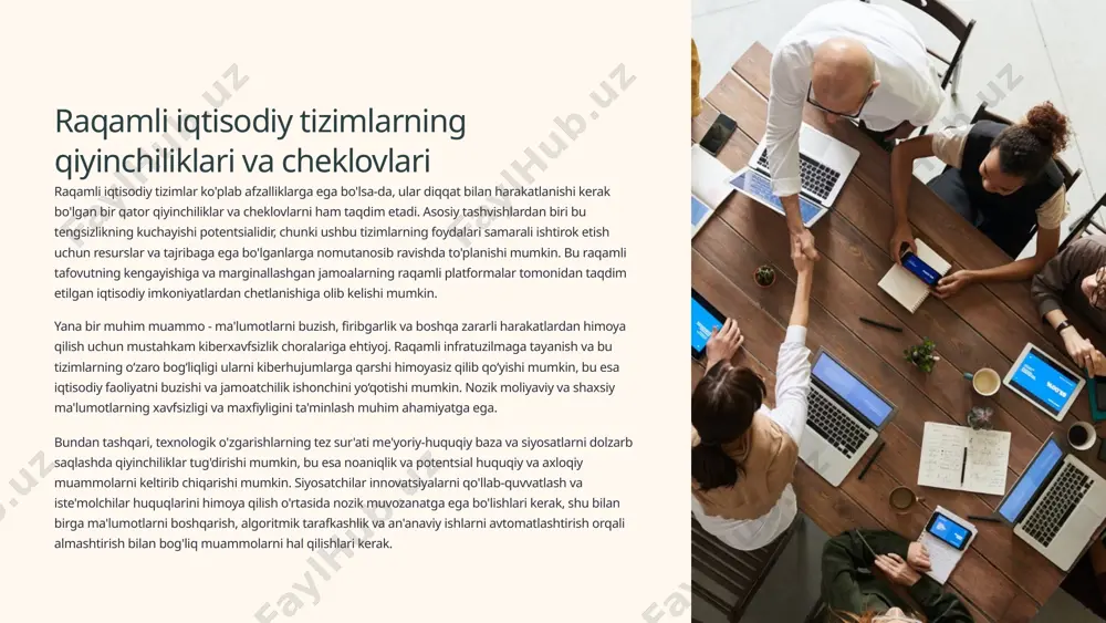i mumkin, bu esa noaniqlik va potentsial huquqiy va axloqiy muammolarni keltirib chiqarishi mumkin. siyosatchilar innovatsiyalarni qo'llab-quvvatlash va iste'molchilar huquqlarini himoya qilish o'rtasida nozik muvozanatga ega bo'lishlari kerak, shu bilan birga ma'lumotlarni boshqarish, algoritmik tarafkashlik va an'anaviy ishlarni avtomatlashtirish orqali almashtirish bilan bog'liq muammolarni hal qilishlari kerak. 5 raqamli iqtisodiy tizimlarning rivojlanish tendentsiyalari 1 markazsizlashtirish va taqsimlash tizimlari raqamli iqtisodiy tizimlarda rivojlanayotgan asosiy tendentsiyalardan biri markazsizlashtirish va taqsimlangan arxitekturaga o'tishdir. bunga blokcheyn kabi texnologiyalarning o'sishi sabab bo'ladi, ular tengdoshlar o'rtasidagi tranzaktsiyalarni va markaziy hokimiyatsiz ishlaydigan markazlashtirilmagan ilovalarni (dapps) yaratish imkonini beradi. ushbu tendentsiya an'anaviy moliyaviy tizimlarni, ta'minot zanjirlarini va raqamli bozorlarni o'zgartiradi, foydalanuvchilarning imkoniyatlarini kengaytiradi va vositachilarga bo'lgan ishonchni kamaytiradi. 2 sun’iy intelekt va machine learning ilg'or ai va mechine learning algoritmlarining integratsiyasi raqamli iqtisodiy tizimlarni inqilob qilmoqda. ushbu texnologiyalar qarorlar qabul qilishni avtomatlashtirish, jarayonlarni optimallashtirish, foydalanuvchi tajribasini shaxsiylashtirish va katta ma'lumotlar to'plamidan qimmatli tushunchalarni ochish uchun foydalanilmoqda. moliyaviy xizmatlardagi …