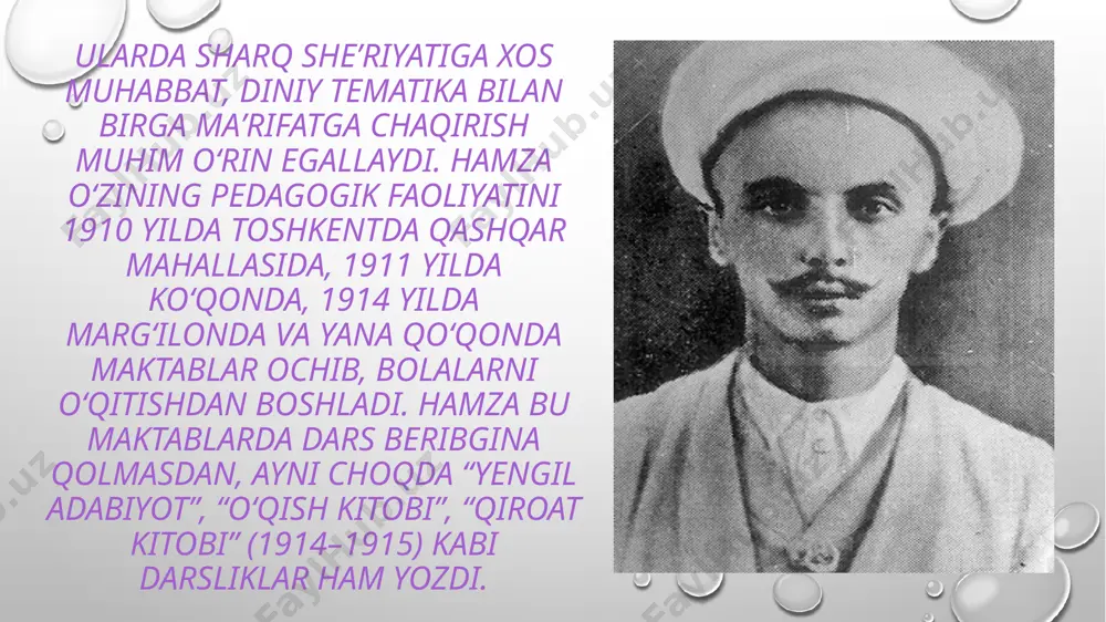 heʼrida “toʻrt yuz yillik romanov bitgach davlati koʻtarildi asorat, xoʻrlik illati”, “bir sanjoqda toʻplansin islom davlati” deb kuylaydi. hamza sheʼriyati, xususan, uning “milliy ashulalar uchun milliy sheʼrlar majmuasi” uning ijodidagina emas, balki umuman xix asr oxiri xx asr boshidagi oʻzbek sheʼriyatida olgʻa tashlangan katta bir qadamdir. hamza bu realistik turkumda turkiston xalqining haqqoniy ahvolini, oʻz soʻzi bilan aytganda “turkiston qissasini” koʻrsatib beradi. toʻplamdagi sheʼrlarni sodda tilda va xalq qoʻshiqlari pardasida, yoʻsini, yoʻli va ohangida yozadi, har bir sheʼr boshida xalq orasida mashhur boʻlgan biror ashulani koʻrsatib, undan parcha keltirib oʻtadi. uning “yangi saodat” povesti ham yangicha proza asarlari yaratish sohasida qoʻyilgan muhim qadamdir. unda ham maʼrifat, erkin-baxtli hayotga intilish ruhi yetakchilik qiladi. asarning soʻngida shunday soʻzlarni oʻqiymiz: “xudo zolim emas, birovga berub, birovga bermay qoʻymas. xudoyi taborak va taolo saodat ilmda, razolat jahlda, har bir ish bandaning oʻz harakatiga muvofiq, deb kalomida takror xabar bergani bor”.hamza dramalari oʻzbek adabiyotiga yangilik …