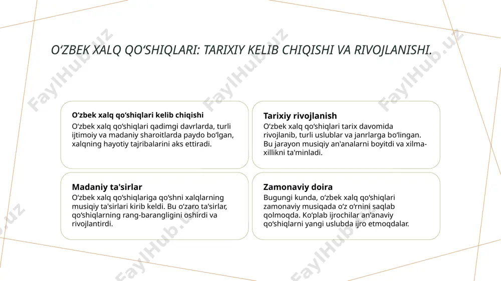 qlarining musiqiy tuzilishi, asosan, melodiya, ritm va harmoniyadan iborat bo‘lib, ular o‘zaro ahamiyatga ega. 02 melodiya va ritm lirik qo‘siqlarda melodik chiziqlar ko‘pincha oddiy va yodda qoladigan bo‘lib, ritmik tuzilish esa o‘ziga xos his-tuyg'ularni ifodalaydi. 03 harmoniyalarning roli o‘zbek lirik qo‘shiqlarda harmoniyalar ko‘plab turli ovozlar va instrumental hissiyotlarni birlashtirib, musiqaning chuqur ifodaliligini ta'minlaydi. to‘y marosimlaridagi lirik qo‘shiqlarning o‘rni. to‘y marosimlaridagi lirik qo‘shiqlar, mehmonlarni birlashtirib, o‘zaro his-tuyg'ularni ifodalaydi. ular, asosan, sevgi, baxt va oilaviy qadriyatlar haqida bo‘lib, to‘y jarayonini yanada go‘zallashtiradi. lirik qo‘shiqlar, shuningdek, kelin va kuyovning hissiyotlarini kuchaytiradi. photo by hasan almasi on unsplash xalq allalari va lirik qo‘shiqlarda madaniy meros. 1 xalq allalari o‘zbek xalq allalari, bolalarni tinchlantirish va ularni uyquga tayyorlash uchun ishlatiladi. bu qo‘shiqlar, an'anaviy madaniyatning ajralmas qismidir. 2 lirik qo‘shiqlar lirik qo‘shiqlar, inson his-tuyg'ularini ifoda etadi. ular sevgi, qayg'u va baxtni aks ettiradi, shuningdek, xalqning tarixiy tajribalarini saqlaydi. 3 madaniy meros xalq allalari va lirik qo‘shiqlar, …