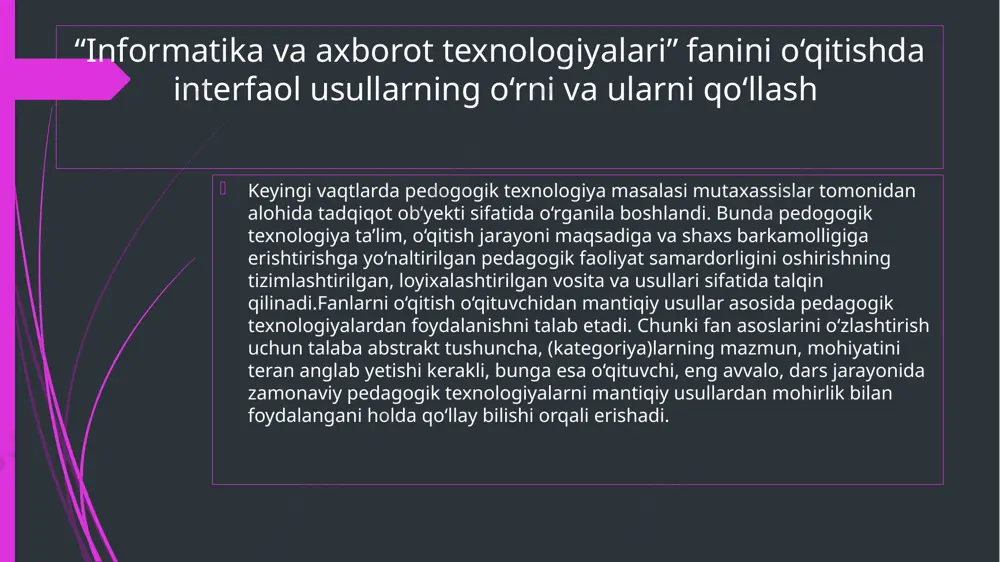 ha metod bilan urganilishi mumkin. bunda albatta xar bir metod yordamida o‘qitish maqsadlariga erishiladi. o‘qitish metodlari ko‘p qirralidir. shu sababli ham ularni ko‘plab tasniflari mavjuddir. bu tasniflarda metodlar bir yoki bir nechta belgilar bo‘yicha jamlanadi. 1.an’anaviy tasnif. umumiy belgi sifatida bilim manbai olinadi. -amaliy : tajriba, mashqlar qilish , mustaqil ish , laboratoriya ishi. -ko‘rgazmali : illyustratsiya , kuzatish. -og‘zaki : tushuntirish, hikoya qilish, suhbat, ma’ruza. - kitob bilan ishlash: o‘qish, tez ko‘rib chiqish, sitata olish , bayon etish , qayta so‘zlab berish , konspekt. -video metod : ko‘rib chiqish, mashk ishlash. 2.hozirgi kunda o‘qitish metodlarining uchta katta guruhi alohida ajratilgandir: - o‘quv-bilish faoliyatini tashkil etish va amalga oshirish metodlari; - o‘quv-bilish faoliyatini nazorat va o‘z-o‘zini nazorat qilish metodlari; - o‘quv-bilish faoliyatini rag‘batlantirish va mativatsiya metodlari; o‘quv-tarbiya jarayonida o‘qitish metodlari quyidagi funksiyalarni bajarishi ma’lum: - o‘rgatuvchi (metod yordamida o‘qitish maqsadiga erishiladi) - rivojlantiruvchi (metod yordamida o‘quvchilar rivojlanishining u yoki bu …