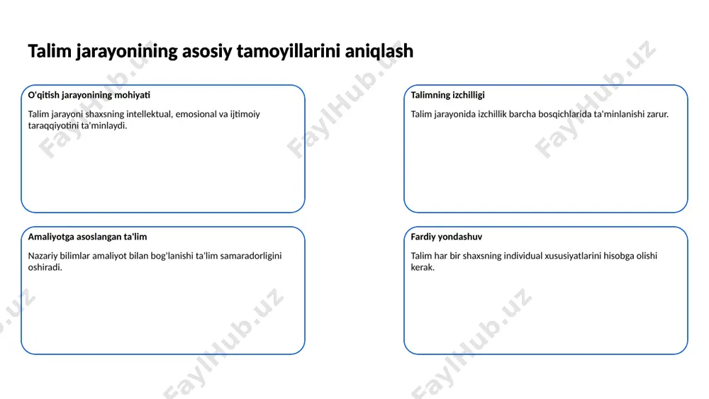 tlarda o'zaro hurmat o'rnatish juda muhim. o'qituvchi o'z talabasini qadrlasa, bu o'qish jarayoniga ijobiy ta'sir ko'rsatadi o'qituvchi va o'quvchi o'rtasidagi munosabatlar maqsadga erishish o'qituvchi va o'quvchi maqsadlar belgilab, ularga birgalikda erishish kerak. birgalikdagi sa'y-harakatlar muvaffaqiyatli natijalarga olib keladi o'qituvchi va o'quvchi o'rtasidagi munosabatlar teskari aloqa o'qituvchi va o'quvchi o'rtasida teskari aloqa o'rnatilish kerak. bu jarayon, o'qituvchining samaradorligini oshiradi va o'quvchining o'zgarishlarini tezda ko'rish imkonini beradi o'qituvchilarni malakasini oshirish o'qituvchilarning roli o'qituvchilar zamonaviy ta'limda muhim rol o'ynaydi. ular xalqni tarbiyalash va rivojlantirish jarayonida asosiy figura hisoblanadi. o'qituvchilarni malakasini oshirish malaka oshirish muhimligi o'qituvchilarni malakasini oshirish ularga yangi metodlarni va pedagogik yondoshuvlarni o'rganishga yordam beradi. bu jarayon nafaqat o'qituvchilarning, balki talabalar ta'limining sifatini oshiradi. o'qituvchilarni malakasini oshirish maqsad va manfaatlar malaka oshirishning asosiy maqsadi o'qituvchilarga zamonaviy talab va o'zgarishlarga mos kelishidir. bu ularga ta'limda innovatsiyalarni amalga oshirish imkonini beradi. o'qituvchilarni malakasini oshirish tadbirlar va istiqbollar o'qituvchilar uchun turli seminarlar va treninglar tashkil …
