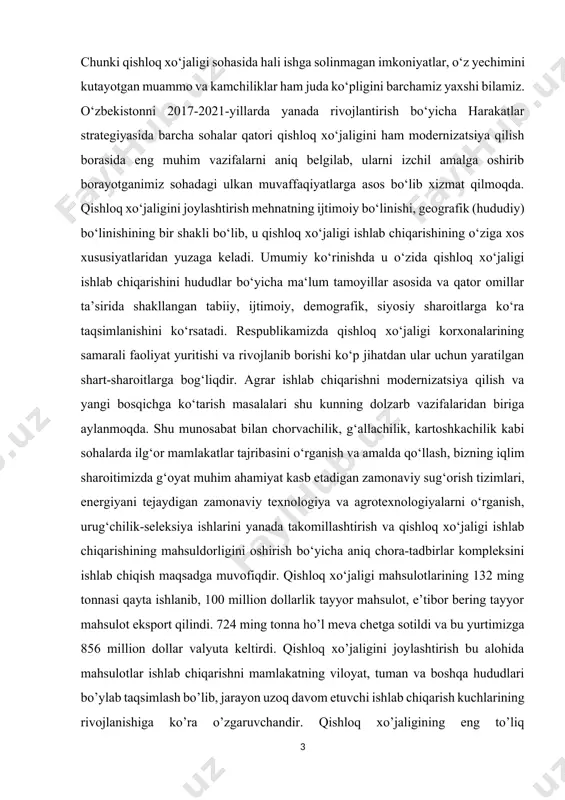 rini yanada takomillashtirish va qishloq xo‘jaligi ishlab chiqarishining mahsuldorligini oshirish bo‘yicha aniq chora-tadbirlar kompleksini ishlab chiqish maqsadga muvofiqdir. qishloq xo‘jaligi mahsulotlarining 132 ming tonnasi qayta ishlanib, 100 million dollarlik tayyor mahsulot, e’tibor bering tayyor mahsulot eksport qilindi. 724 ming tonna ho’l meva chetga sotildi va bu yurtimizga 856 million dollar valyuta keltirdi. qishloq xo’jaligini joylashtirish bu alohida mahsulotlar ishlab chiqarishni mamlakatning viloyat, tuman va boshqa hududlari bo’ylab taqsimlash bo’lib, jarayon uzoq davom etuvchi ishlab chiqarish kuchlarining rivojlanishiga ko’ra o’zgaruvchandir. qishloq xo’jaligining eng to’liq joylashtirilishi ushbu hududda ma’lum turdagi mahsulot ishlab chiqarish hajmi hamda u yoki bu turdagi yalpi va tovar mahsulotlarining umumiy hajmidagi alohida hududlarning hissasi kabi ko’rsatkichlar bilan izohlanadi. tarmoqlar ichidagi ixtisoslashtirish deganda xo‘jaliklar va ularning bo‘linmalarini pirovard mahsulot ishlab chiqarishni texnologik bosqichlar bo‘yicha moslanishiga aytiladi. bunda ishlab chiqarish jarayonlari, o‘zicha alohida bo‘lgan xo‘jaliklar va ularning bo‘linmalari o‘rtasida farqlanadi. bu turdagi ixtisoslashish hozirda ayniqsa parrandachilikda, sut va go‘sht qoramolchiligida …