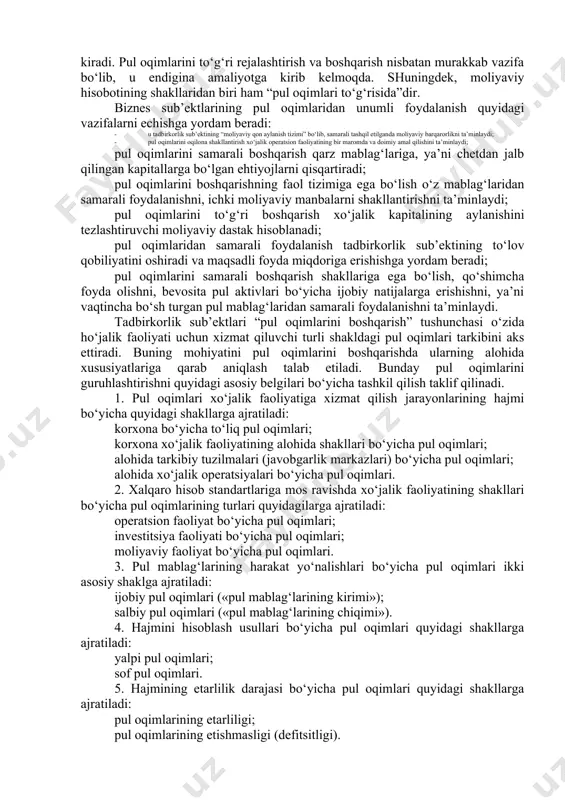 ’sirini o‘tkazadi. bunday sharoitda korxonalarda pul mablag‘larini boshqarishning yangi usullarini ishlab chiqishni talab etadi. bizningcha, bu usullarni yaratish kuyidagi uch maqsadga erishish imkoniyatini beradi: 1. nakd pullar kelishining tezligini oshirish; 1. o‘tgan majburiyatlar bo‘yicha to‘lovni amalga oshirish kerakligi va uning muddati (vaqti)ni qisqartirish; 1. kiritilgan nakd pul mablag‘laridan maksimal foydalanish. korxona rahbari va iqtisodchilari uchun eng dolzarb muammo - eng past qoldiq hajmidagi naqd pul mablag‘larini milliy va chet el valyutasida tartibga solish bo‘lib, buning natijasida quyidagilarni amalga oshirish mumkin bo‘lardi: 1. mol etkazib beruvchi va pudratchilarga bo‘lgan majburiyatlarni o‘z vaqtida to‘lash, mahsulot qiymatidan ularga berilgan qoldiq huquqlaridan foydalanishga ruxsat berish; 1. doimiy ravishda to‘lov tartibini o‘zida ushlab turish; 1. ko‘zda tutilmagan xarajatlarni to‘lash, savdo faoliyati jarayonidagi yuzaga kelgan xarajatlarni to‘lash. pul mablag‘lari kurinishidagi aktivlar belgilanishini iqtisodchi olim dj. m. keyns fikriga ko‘ra ikki asosiy sababi aniqlanadi: 5. turg‘unlik - pul mablag‘lari joriy operatsiyalar bajarilishi uchun foydalaniladi; pul mablag‘lari oqimining …