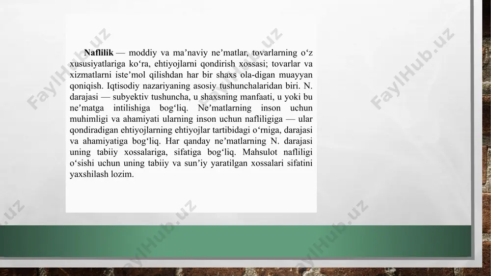 . agar ushbu guruh tovarlari narxlari oshsa, byudjetni cheklash chizig'i x o'qi bo'ylab chapga siljiydi. xuddi shu narsa, mos ravishda oziq-ovqat narxlari va kiyim-kechak narxlari o'zgarmagan holda pasaygan yoki ko'tarilgan taqdirda byudjet cheklovlari qatorida sodir bo'ladi. xususan, past narxlar cheklash chizig'ini y o'qi (mahsulotlar) bo'ylab o'ngga yuqoriga siljitadi; bu narxlarning oshishi byudjet chizig'ining y o'qi bo'ylab pastga siljishiga olib keladi, ya'ni mahsulot sotib olish qobiliyatining pasayishidir. e’tiboringiz uchun rahmat image3.jpg image7.jfif image8.jfif image9.jfif image10.jfif image11.jfif image12.jfif image13.png /docprops/thumbnail.jpeg