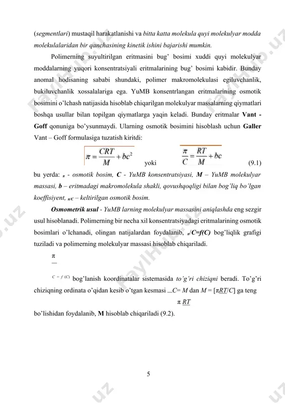 nning buferlik xossasi unda, asosan oqsil – gemoglobin borligidan kelib chiqadi. qondagi anorganik buferlar, ya’ni karbonat va fosfatlar ikkinchi o’rinda turadi. yumb eritmalarning xossalari. bo’kish yumb chin hamda kolloid eritmalar hosil qilishi mumkin. qaysi eritmalarning hosil bo’lishi yumbning erituvchilarga moyilligiga hamda konsentratsiyasiga bog’liq bo’ladi. agar erituvchining qutblilik darajasi yumbga mos kelsa va eritma suyultirilsa chin eritma hosil bo’ladi. agar yumb va erituvchining qutblanish darajasi bir-biriga to’g’ri kelmasa, u holda zollar va dispers sistemalar hosil bo’ladi. chin eritma hosil bo’lishidan oldin bo’kish jarayoni bo’ladi. bunda erituvchi molekulalari yumb makromolekulalari ichiga diffuziyalanadi. natijada yumb bo’kadi. bo’kish deb – erituvchi molekulalarini polimer ichiga kirishi natijasida olingan namunaning massasi va hajmini ortishiga aytiladi. → bo’kish bo’kish miqdori bo’kish darajasi bilan belgilanadi (α): α=v−vo α=mm−omo (9.3) vo m o – polimerning dastlabki massasi; vo – polimerning dastlabki hajmi; m – bo’kkan polimerning massasi; v – bo’kkan polimerning hajmi. erish mexanizmi: polimerning erishi uning bo’kishidan boshlanadi. …