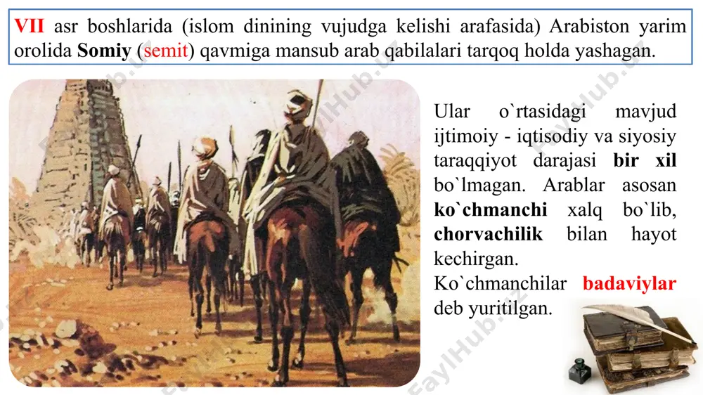 ka'bada 360 ta but bo`lib, ularning eng yiriklari hubal va lut edi. mamlakatda ko`p xudolikning mavjud bo`lishi oqibatida o`zaro qabilaviy urushlarni yuzaga keltirgan. islomning paydo bo`lishi vi asrgacha bo`lgan vaqt arablarda- johiliyat davri sifatida tilga olinadi. islom arabcha — bo`ysunish, itoat etish, o`zini alloh irodasiga topshirish ma'nolarini bildiradi. islom diniga e'tiqod qiluvchilar arabcha «muslim» («sadoqatli», ko`plik shakli «muslimun») deb ataladi. (632 – 634 yillar) hazrati umar (634 – 644 yillar) hazrati usmon (644 – 656 yillar) hazrati ali (656-661 y) muhammad alayhissalom nasroniy yil hisobida 632 yil (hijriy 10 yili) 25 mayda o`z uylarida vafot etadi. payg`ambar vafotidan so`ng u kishining ishonchli noiblari (arabcha xalifalar) davlatni boshqarganlar. shu tariqa tarixda «arab xalifaligi» (632 – 1258) paydo boqlgan. allohning payg`ambari o`ldi, lekin alloh biz bilan! adolatli rahbar, boshqa dinlarga ham hurmat ko`rsatgan qur’oni karimni yaxlit kitob holatiga keltirgan payg`ambarning kuyovi, zulfiqor qilichli e’tiboringiz uchun rahmat! image1.png image2.jpeg image3.jpeg image4.jpeg image5.jpeg image6.jpeg …