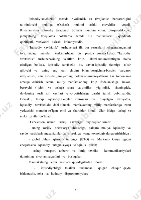 shga olib keladigan past texnik darajasi; - iqtisodiyot sohasida yangi huquqiy asos shakllanishi va uni amalga oshirish mexanizmlarini yaratish ishlariga oxiriga yetkazilmaganligi; - boshqaruvga yondashishning ma`muriy boshqaruv tizimiga xos bo`lgan usullari va iqtisodiy jihatdan eskicha fikr yuritish retsidivlarining saqlanib qolishi, ba`zi boshqaruv bo`g`inlarida xo`jalik faoliyatining bozor prinsipi va mexanizmlarini yetarli darajada tushunmaslik; - iqtisodiyotning turli sektorlari va sohalarida bozor o`zgarishlari darajasi va dinamikasi, shuningdek, shahar va qishloq orasidagi tafovutlar; - bozor infratuzilmasining rivojlanmaganligi ; - moliya, bank-kerdit va valyuta tizimlarida pul aylanishining beqarorlashish xavfi; iqtisodiy sohada jinoyatning tarqalishi , xo`jalik subyektlari huquqiy himoya mehanizmining mukammal emasligi va boshqalar. iqtisodiy xavfsizlikning tekshirish predmeti davlatning tashkil etilgan va muvofiqlashgan iqtisodiy munosabatlaryig`indisi sifatidagi iqtisodiy tizimidir. davlat faoliyatining iqtisodiy xavfsizlik sohasidagi vazifalari quyidagilar: - kelgusida ijtimoiy –iqtisodiy tizim va davlatni beqarorlashtiruvchi qisqa va uzoq muddatli omillar monitoringi va tavsifi; - bu omillarning zararli ta`sirini yo`qotadigan yoki yumshatadigan iqtisodiy siyosat va institutsional o`zgarishlarni iqtisodiy islohotlarning …