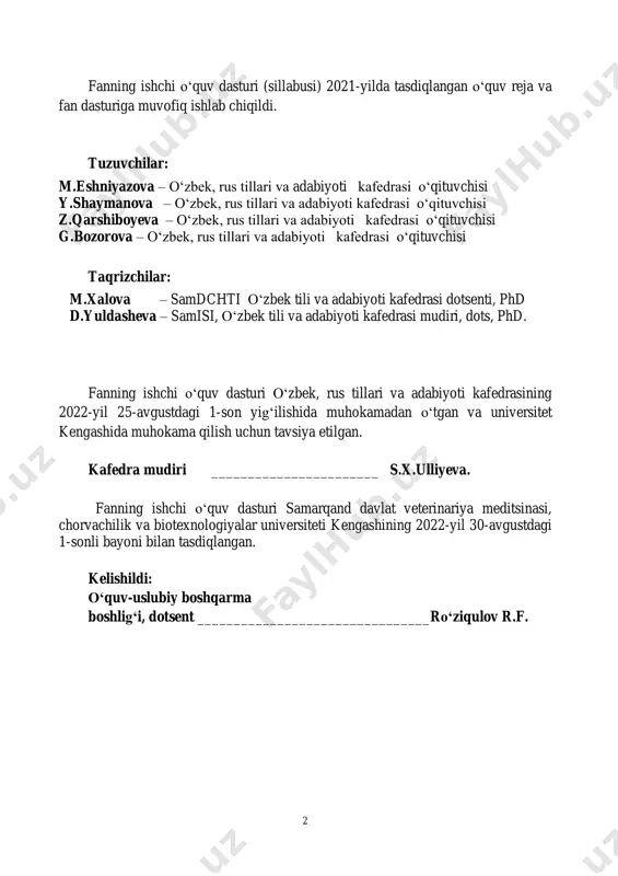 ogiyalar universiteti fan to„g„risida ma‟lumot fan shifri: o„tsq 2302 fan nomi: o„zbek tilining sohada qo„llanishi semestr/yil: 3-semestr/2022-2023-o„quv yili kafedra: o„zbek, rus tillari va adabiyoti soatlar/kreditlar: 2,0 ects (12 auditoriya soati, 48 soat mustaqil ta‟lim) amaliy mashg„ulot mustaqil ta‟lim jami 12 48 60 fan bo„yicha mashg„ulotlarning joylashuvi: auditoriya vaqti: dars jadvaliga asosan talablar: fan uchun mas‟ul kafedra: “o„zbek, rus tillari va adabiyoti” instruktor to„g„risida ma‟lumot: kafedra joylashgan joyi: samdvmchbu, 4-o„quv binosi, 416-xona telefon: +99893-680-20-66 ish telefoni; mobil: +99890-466-40-46 e.mail. dilnab@gmail.ru ish vaqti: uchrashuvga ko„ra i. fanni o„qitishdan maqsad – “o„zbek tilining sohada qo„llanishi” fanidan talabalarning o„zbek tilidan egallagan bilim va ko„nikmalarini mustahkamlash va yanada kengaytirish, tanlagan ixtisosliklari doirasida davlat tilini puxta bilishlariga yordamlashish, ularning og„zaki va yozma nutqini kasbiy atamalar bilan boyitish, o„zbek tilidan yuqori darajada nutqiy savodxonlikni ta‟minlashga erishishdan iborat. ii. fanning vazifasi – nutqiy kompetentsiyani rivojlantirish; og„zaki va yozma nutqda sohaviy terminlarni samarali qo„llash ko„nikmalarini shakllantirish; ixtisoslikka oid matn …