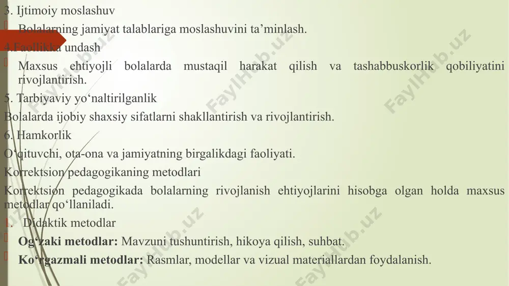 xsus metodlar yordamida o‘rganish imkoniyati mavjud. 3. ko‘rishida nuqsoni bor bolalar tavsifi: ko‘rish qobiliyatining qisman yoki to‘liq yo‘qotilishi bilan tavsiflanadi. ko‘rish nuqsonlari bolaning atrof-muhitni tushunish va idrok qilish qobiliyatiga ta’sir qiladi. ko‘rinishlari: ko‘zi ojiz bolalar: ko‘rish qobiliyati yo‘q. ko‘rish qobiliyati zaif bolalar: ko‘rish qobiliyati pasaygan, lekin yorug‘likni sezadi yoki ob’ektlarni qisman ko‘ra oladi. xususiyatlari: tushunchalarni idrok qilishda sensorik metodlarga (eshitish, sezish) tayanadi. braille alifbosi va ko‘rgazmali vositalar orqali o‘qitiladi. 4. nutqida nuqsoni bor bolalar tavsifi: nutq buzilishlari fonetik, leksik yoki grammatik jihatdan noto‘g‘ri rivojlangan bo‘lishi mumkin. bunday bolalarda muloqot qilish qobiliyati cheklangan. ko‘rinishlari: logopatik nuqsonlar: tovushlarni to‘g‘ri talaffuz qilmaslik. afaziya: oldin shakllangan nutqning buzilishi. dizartriya: nutqni talaffuz qilish qiyinligi. xususiyatlari: nutqni rivojlantirish uchun maxsus logopedik mashg‘ulotlar talab etiladi. nutqni tuzatish vositalari orqali o‘qitish imkoniyati mavjud. anomal bolalar uchun ta’lim va tarbiya 1.individuallashtirilgan ta’lim: har bir bolaning ehtiyojlarini hisobga olgan holda, maxsus ta’lim dasturlari ishlab chiqiladi. 2.maxsus muassasalar: logopedik maktablar, kar …