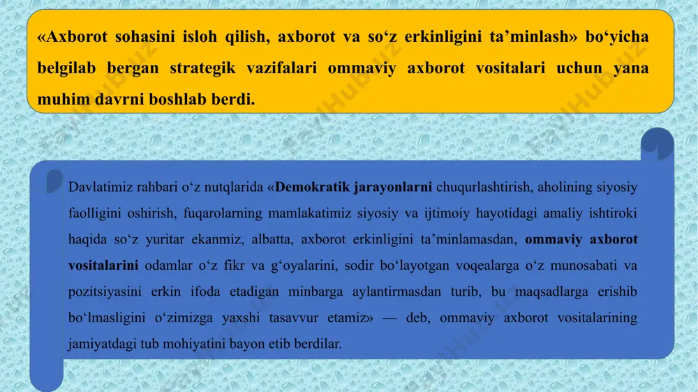 huquqiy bazasini yaratilishida respublikamiz konstitutsiyasiga asosiy manba sifatida tayanildi. konstitutsiyamizning 67-moddasida «ommaviy axborot vositalari erkindir va qonunga muvofiq ishlaydi. ular axborotning to‘g‘riligi uchun belgilangan tartibda javobgardirlar. konstitutsiyamizning 67-moddasida yaratilgan keng sharoitlar tufayli mustaqillik yillarida ommaviy axborot vositalarining bugungi kundagi umumiy soni 1366tani (2013-yil 01.07. holatiga) tashkil etadi. e’tiborlisi shundan iboratki, 1991-yillarda davlatga qarashli bitta televideniye va radiodan boshqa bunday ommaviy axborot vositasining o‘zi mavjud emas edi. bugun respublikada nodavlat oav tez rivojlanmoqda. telekanal, radiokanallardan tashqari veb-saytlar ham oav sifatida ro‘yxatdan o‘tkazilmoqda. bir so‘z bilan aiytganda sohada eng tez rivojlanayotgan tarmoqlar ham aynan elektron oav hisobiga to‘g‘ri keladi. hozirda mavjud nodavlat oav jami oav’ning 60 foizini tashkil etadi. mazkur konsepsiyada axborot sohasiga daxldor «ommaviy axborot vositalari to‘g‘risida»gi va «axborot erkinligi prinsiplari va kafolatlari to‘g‘risida»gi qonunlarga tegishli o‘zgartish va qo‘shimchalar kiritish bilan birga «telekommunikatsiyalar to‘g‘risida»gi qonunni takomillashtirish hamda «ommaviy axborot vositalari faoliyatining iqtisodiy asoslari to‘g‘risida»gi, «ommaviy axborot vositalarini davlat tomonidan qo‘llab-quvvatlash kafolatlari …