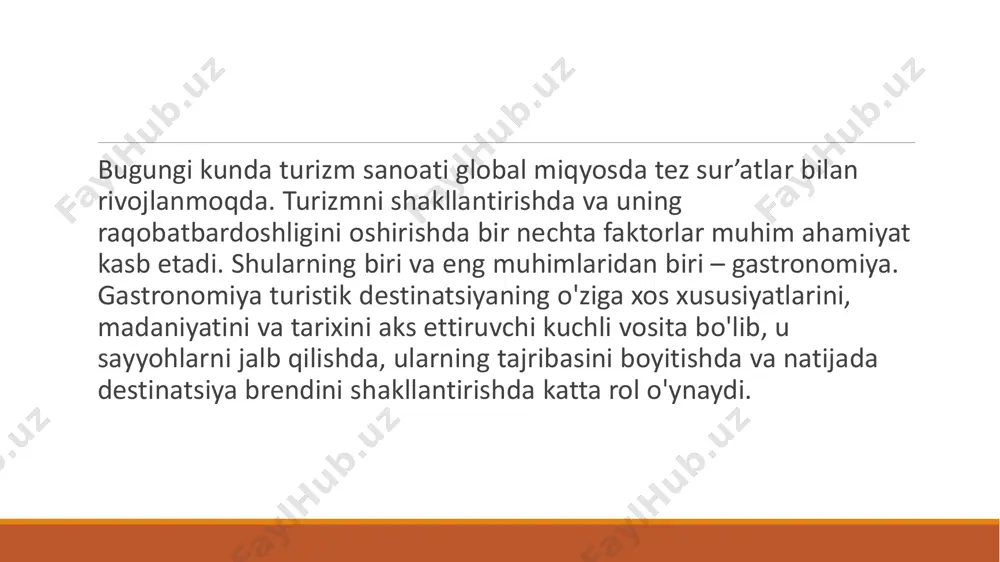 i ta'sir ko'rsatadi. 2. destinatsiya identifikatsiyasini mustahkamlash har bir turistik destinatsiya o'zining gastronomik brendi orqali o'ziga xosligini yaratishi mumkin. masalan, fransiya o'zining vinosi va pishlog'i bilan, italiya esa pizza va makaronlari bilan tanilgan. gastronomik brend yordamida destinatsiyaning o'ziga xosligini belgilash, uning imidjini yaratish va rivojlantirish mumkin. 3. iqtisodiy foyda gastronomiya turizmiga oid xizmatlar, shu jumladan restoranlar, kafelar va boshqa oziq- ovqat bilan bog'liq bizneslar, turizm iqtisodiyotining muhim qismi hisoblanadi. sayyohlar uchun taqdim etilgan gastronomik tajriba yuqori sifatli xizmatlar va maxsus taomlar orqali iqtisodiy daromadni oshirishi mumkin. 4. mahalliy iqtisodiyotga ta'siri turistik gastronomiya o'zining ta'sirini faqat sayyohlar oqimi orqali emas, balki mahalliy ishlab chiqaruvchilar, fermerlar va boshqa kichik bizneslarga ham ko'rsatadi. sayyohlar tomonidan talab qilingan maxsus mahsulotlar va ingredientlar, mahalliy ishlab chiqaruvchilarni rivojlantirishga yordam beradi. turistik destinatsiyalar va gastronomiya o'rtasidagi o'zaro aloqalar: turistik destinatsiya - bu, ma'lum bir geografik hududda joylashgan va sayohatchilarga turistik xizmatlar taqdim etadigan hududni anglatadi. bunga tabiiy …