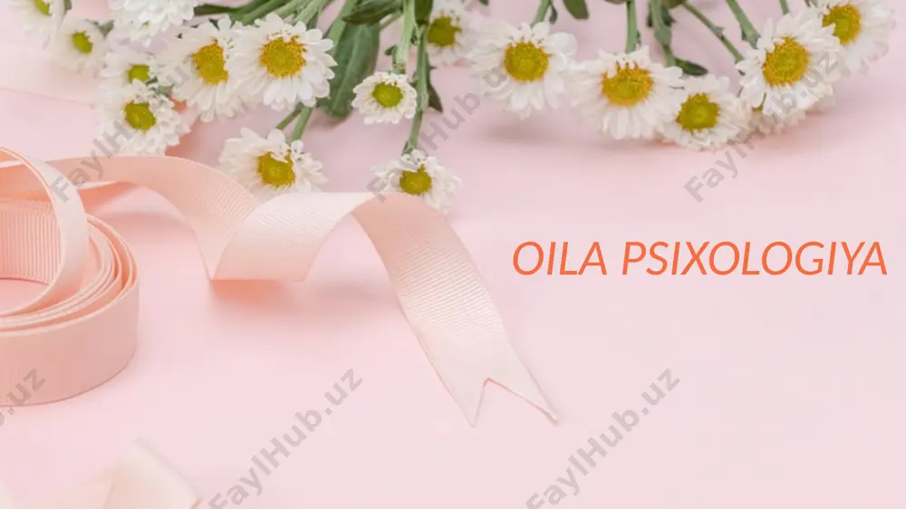 er-xotinlar turli xil shaxslararo munosabatlar tizimi, turlicha taomilga ega bo’lgan oilalarda tarbiyalangan, shaxs sifatida shakllangan individlardan tashkil topadi. psixologik qovushuv sotsial (ijtimoiy) qovushuv biologik qovushuv oilaning mustahkam bo’lishi, er-xotinning baxtiyor, tinchtotuv yashashlarida ularning o’zaro qovushuv muhim rol o’ynaydi. o’zaro qovushishlarni shartli ravishda uchta tarkibiy qismga ajratish mumkin: vaziyatli to’siqlar — bu suhbatdoshlarning bir xil vaziyatni turlicha tushunishlari, unga turlicha yondashishlari bilan bog’liq. mazmuniy to’siqlar — odatda suhbatdoshini tushunmaganlik tufayli, uning mazkur jumlasi qanday ma’noda aytilgani, u qanday fikrni ilgari surayapti, nimani nazarda tutayapti, nimaga olib boradi va shu kabi mulohazalarga borish tufayli yuzaga keladi. motivatsion to’siqlar — shunday vaziyatlarda yuzaga keladiki, bunda gapirayotgan odam yo o’zi bayon qilayotgan fikrning motivini yetarlicha anglay olmaydi yoki u atayin ularni (asosiy motivni) yashirishga harakat qilayotgan bo’lishi mumkin. e'tiboringiz uchun rahmat! image1.jpeg image2.jpeg image3.jpeg image4.jpeg image5.jpeg image6.jpeg image7.jpeg image8.png image9.png image10.jpeg image11.jpeg image12.jpeg image13.jpeg image14.jpeg image15.jpeg image16.jpeg