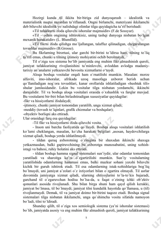 . demak, til va jamiyat doimo bir-birini taqozo etadi. boshqa signal sistemalari tilga nisbatan ikkilamchi, unga qo`shimcha vosita sifatida namoyon bo`ladi, tilni to`ldiradi. shunday qilib, til o`ziga xos semiologik sistema (ya’ni ishoralar sistemasi) bo`lib, jamiyatda asosiy va eng muhim fikr almashish quroli, jamiyat tafakkurining rivojlanishini ta’minlovchi, avloddan avlodga madaniy-tarixiy an’analarni yetkazuvchi vosita xizmatini o`taydi. til nazariyasini o‘rganish bilan shug’ullanadigan fan – tilshunoslik yoki lingvistika quyidagi mustaqil qismlardan tashkil topgan. 1.“ tilshunoslikka kirish” 2.“ tilshunoslik tarixi” 3.“ umumiy tilshunoslik ” “ tilshunoslikka kirish ” tilshunoslikning ajralmas qismi bo‘lib til haqidagi dastlabgi ma’lumotlarni tilshunoslik fanining asosiy qismlarini, tilshunoslikda qo‘llaniladigan almiy atamalarni va xususiy tilshunoslikda o‘rganiladigan masalalarni o‘zlashtirish uchun nazariy asos yaratishga imkon beradi. “tilshunoslik tarixi”da esa fanda mavjud bo‘lgan ilmiy dunyoqarashlarning, turli ilmiy maktablarining shakllanishi va rivojlanish,i umuman, fan taraqqiyotining harakati o‘rganiladi. “tilshunoslikka kirish” va “tilshunoslik tarixi” “umumiy tilshunoslik” fani bilan chambarchas bog’liq bo‘lgan va uni tashkil etadigan fanlardir. “umumiy tilshunoslik” fani …
