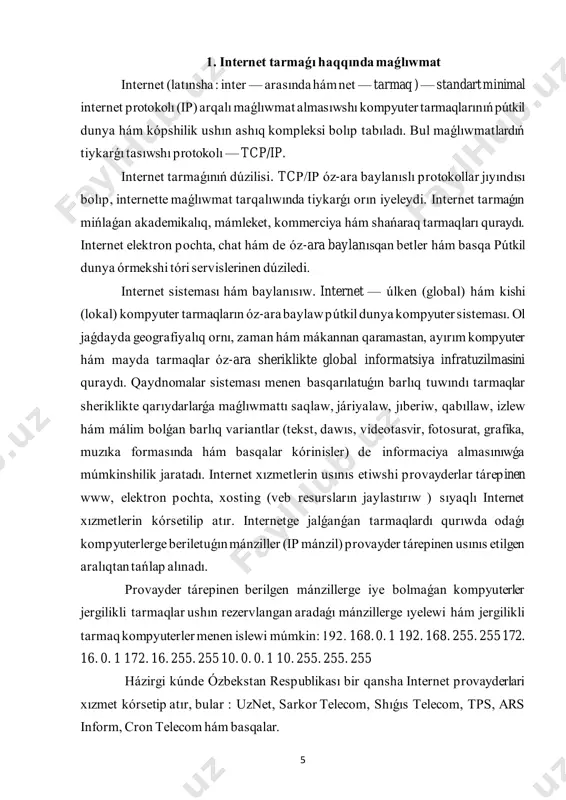 ıń taypaları hám wazıypaları. web saytlardıń tiykarǵı waziypası sonnan ibarat, olar qandayda bir iskerlik, waqıya hám xodisa yamasa qandayda bir shaxstıń internet degi imidjini jaratadı. internet tarmaǵında ámeldegi bolǵan saytlardı bir neshe qıylı taypalarǵa ajıratıw múmkin: tálim saytları. bul túrdegi saytlarǵa tálim mákemeleri, ilimiy-izertlew mákemeleri hám aralıqtan oqıtıw saytları kiredi, mısalı : edu. uz, eduportal. uz reklama saytları. bul túrdegi saytlarǵa tiykarlanıp reklama agentlikleri hám reklamalardı engiziw saytları kiredi. 7 kommerciya saytları. bul túrdegi saytlarǵa internet dúkanlar, internet tólew sistemaları hám internet konvertatsiya sistemaları saytları kiredi, mısalı : websum. uz, webmoney. ru, egold. com ko'ngilochar saytlar. bul túrdegi saytlarǵa kompyuter oyınlarına, fotogalereyalarga, sayaxat hám turizmga, muzıka hám kinonamoyishlarga arnalǵan saytlardı kirgiziw múmkin, mısalı : mp3. uz, melody. uz, cinema. uz. social tarmaqlar saytları. bul túrdegi saytlarǵa tanısıw, doslardı qıdırıw, anketalarni jaylastırıw hám óz-ara baylanıs ornatıwǵa arnalǵan saytlardı kirgiziw múmkin, mısalı : sinfdosh. uz, id. uz, odnoklassniki. ru. kárxana hám shólkemler …