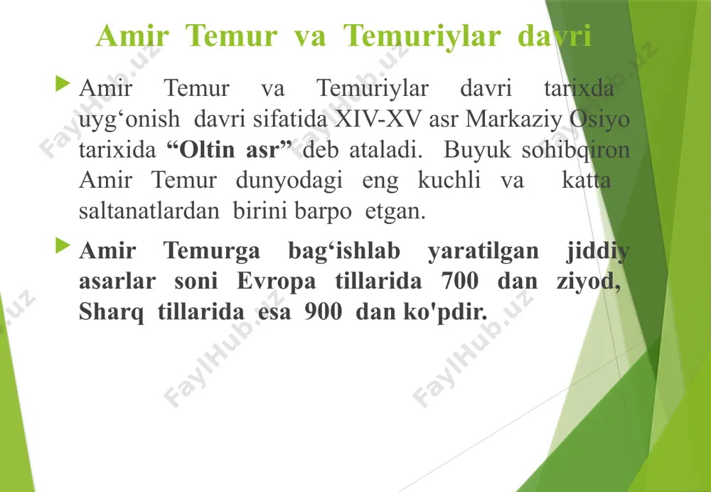 oriz qursa yoki bog yaratsa, soliq to‘lovlari bo‘yicha muayyan imtiyozlardan foydalangan. xarob bo‘lib yotgan egasiz yerlar xolisa tarafidan obod qilingan. mabodo, egasi bo‘lsa-yu, obod qilishga qurbi yetmasa, unga bu ishni amalga oshirishi uchun turli asboblar berilgan. sohibqiron harbiy yurishlar davrida sohibqiron maxsus odamlar tayinlab, harbiy yurishlar davrida fath etilgan joylarda olim-u fuzalolar bilan bir qatorda o‘z ishining mohir ustalari bo‘lgan turli xil kasb-hunar egalarini aniqlab, ularni poytaxt samarqandga jo‘natish va faoliyat olib borishlari uchun zarur sharoitlar yaratib berishni buyurgan. chet ellardan yuzlab sohibi hunarlar erondan musavvirlar, xattotlar, sozandalar, me'morlar, (qurilish ishlari bo'yicha hunarmandlar bilan birga olimlar va din arboblari; kichik o'siyodan qurolsozlar, to'pchi muhandislar, kumushga ishlov beruvchi ustalar, g'ish teruvchilar, arqon eshuvchi ustalar; suriyadan pillakashlar, tikuvchilar, to'quvchilar, duradgorlar, chodir tikuvchilar, kamon-yoy yasovchi ustalar, qurolsozlar, qalpoq yasovchilar, mol tabiblari, naqqoshlar, amir temur maqsadi amir temur bu bilan ikki maqsadni: bir tomondan o‘z poytaxtini bezatish uchun osiyoning eng yaxshi ustalarini to‘plashni; ikkinchi …