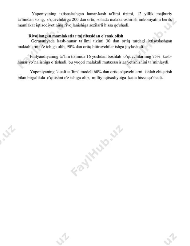 shiga sezilarli hissa qo'shadi. rivojlangan mamlakatlar tajribasidan o'rnak olish germaniyada kasb-hunar ta’limi tizimi 30 dan ortiq turdagi ixtisoslashgan maktablarni o’z ichiga olib, 90% dan ortiq bitiruvchilar ishga joylashadi. finlyandiyaning ta’lim tizimida 16 yoshdan boshlab o’quvchilarning 75% kasb-hunar yo’nalishiga o’tishadi, bu yuqori malakali mutaxassislar yetishishini ta’minlaydi. yaponiyaning "duali ta’lim" modeli 60% dan ortiq o'quvchilarni ishlab chiqarish bilan birgalikda o'qitishni o'z ichiga olib, milliy iqtisodiyotga katta hissa qo'shadi. 📌xulosa ривожланган давлатларнинг ихтисослаштирилган таълим тизимини ўрганиш, уларнинг кучли ва кучсиз томонларини аниқлаб, ўзбекистон таълим тизимини такомиллаштиришда самарали тажрибаларни ўзлаштириш имкониятини беради. бу эса юқори малакали мутахассислар тайёрлашга хизмат қилади. 📚foydalanilgan adabiyotlar 1. ричардсон, в. (2018). ривожланган мамлакатларнинг махсус таълим тизимини ўрганиш: тажриба ва истиқболлар. [ричардсон, в. (2018). изучение системы специального образования развитых стран: опыт и перспективы.] 2. смит, ж. (2015). инклюзив таълим: ривожланган мамлакатлар мисолида. [смит, ж. (2015)
