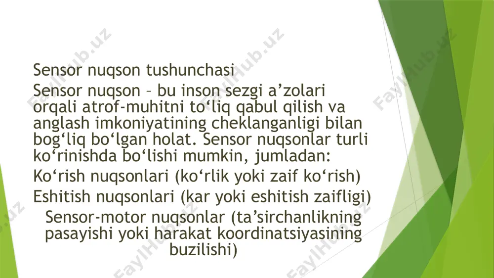 siy strategiyalar keltirilgan. “ ” 1. ko‘rish nuqsoni bo‘lgan bolalarni rivojlantirish strategiyalar: taktil va eshitish sezgilari: braille yozuvi, relefli kartalar, audiokitoblar va ovozli texnologiyalardan foydalanish. harakat va makon idrokini rivojlantirish: yo‘nalish topish uchun maxsus treninglar, ovoz yordamida yo‘nalishni tushunish, taktil xaritalar. texnologiyadan foydalanish: ekran o‘qiydigan dasturlar, ovozli buyruq bilan boshqariladigan qurilmalar. ijtimoiy va kommunikativ ko‘nikmalar: tanishing, suhbatlashish uchun maxsus dasturlar va qo‘llanmalar- 2. eshitish nuqsoni bo‘lgan bolalarni rivojlantirish strategiyalar: imo-ishora tili va lab o‘qish: erta bosqichdan imo-ishora tili va mimikadan foydalanishni o‘rgatish. vizual ta’lim usullari: rasmlar, diagrammalar, grafiklar, subtitrli videolar. maxsus texnologiyalar: eshitish apparatlari, koxlear implantlar, vibratsiyali signalizatsiyalar. ijtimoiy moslashuv: o‘qituvchilar, oila a’zolari va tengdoshlar bilan imo-ishora orqali muloqot qilishni rivojlantirish. 3. sensor sezgilar (teginish, hid bilish, ta’m bilish) nuqsoni bo‘lgan bolalarni rivojlantirish strategiyalar: sensor terapiya: turli teksturalar, hidlar va ta’mlar bilan ishlash. taktil stimulyatsiya: maxsus yumshoq materiallar, qo‘l terapiya mashqlari. ijtimoiy va kundalik ko‘nikmalar: mustaqil hayotga moslashish uchun maxsus …
