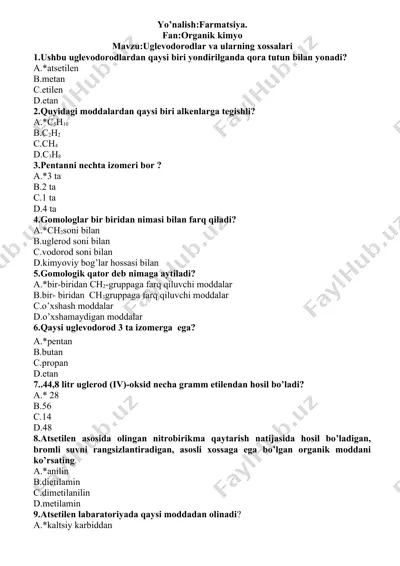uglevodorodlar va ularning xossalari test savollari — DOCX