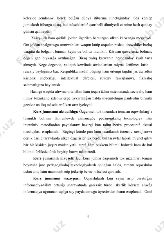 -súwret). kondensator sıyımlılıǵı c qa teń hám oǵan qoyılǵan kernew: 1-súwret (1.1) u – kondensator qaplamaları arasındaǵı kernew, kernewdiń maksimal mánisi, sırtqı terbeliwshi kúshtiń cikllik mánisi. nızamı boyınsha ózgersin. jalǵanıw simlarınıń qarsılıǵı r=0 bolsın. ol jaǵdayda kondensatordaǵı kernew u =cosωt = boladı. bunda q–kondensator qaplamalarındaǵı zaryad bolıp q=ccosωt ǵa teń. shınjırdaǵı tok kúshin tabıw ushın zaryad formulasınan birinshi tártipli tuwındı alamız: i = q´ = –cω sinωt =cωcos (ωt+ ). ol tok kúshiniń bir zamatlıq mánisi menen salıstırılsa, =cω ekenligi kelip shıǵadı. bunda –tok kúshiniń maksimal mánisi. ol jaǵdayda kondensatordan ótiwshi tok kúshiniń teńlemesi tómendegishe boladı: i=cωcos (ωt+ ) (1.2) –tok kúshiniń maksimal mánisi, c-kondensator sıyımlılıq, sırtqı terbeliwshi kúshtiń cikllik mánisi. bul teńleme kondensatorǵa berilgen kernew ańlatpası (1.1) menen salıstırılsa, shınjırdaǵı tok kúshi terbelisleri, kernew terbelislerinen faza boyınsha ǵa aldınǵa baratuǵının kóremiz (2-súwret). 3-súwrette ózgermeli tok shınjırına tek kondensator jalǵanǵan halat ushın ózgermeli tok kúshi hám kernewdiń vektor diagramması keltirilgen. …