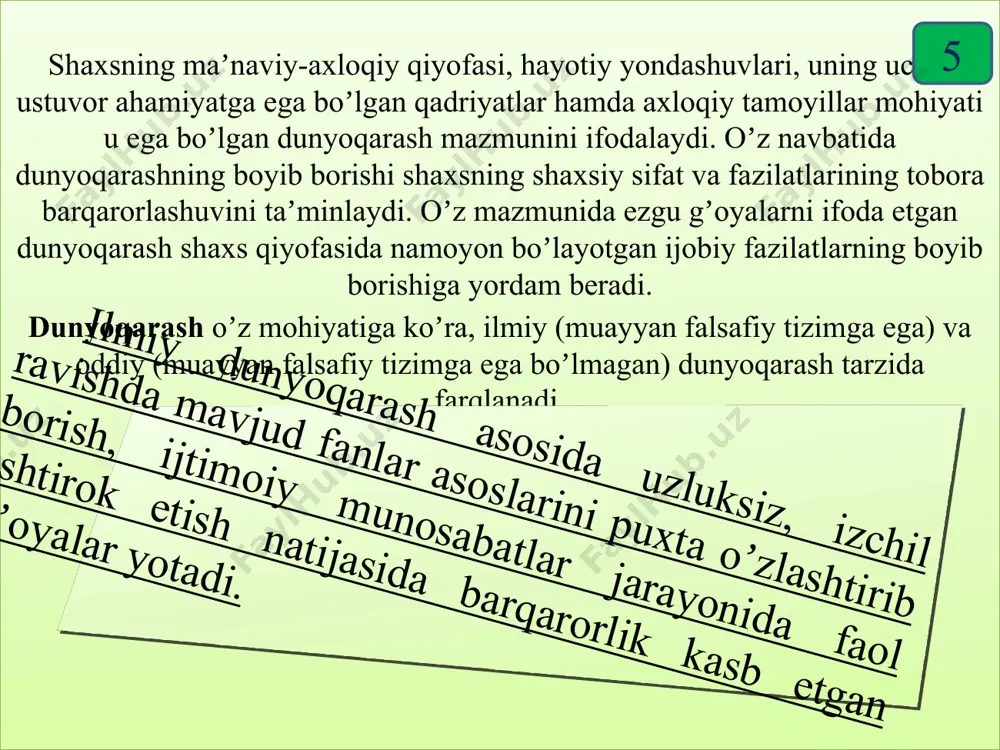 i . bahovuddin naqshbandiy tariqatida avliyolik kuch-quvvatini ezgulikka, ilm-maʼrifatni rivojlantirishga yoʼnaltirish yetakchi oʼrin tutadi. binobarin, ilm-maʼrifat zulm va bidʼatdan forigʼ boʼlish yoʼlidir. аlisher navoiy bilimlarni izchil, uzluksiz oʼzlashtirish zarurligini uqtiradi. shuningdek, ilm oʼrganish mashaqqatli yumush boʼlib, uni oʼrganishda ayrim qiyinchiliklarni yengib oʼtishga toʼgʼri kelishi, bu yoʼlda chidamli, qanoatli, bardoshli boʼlish orqaligina mukammal bilimga ega boʼlish mumkinligini taʼkidlaydi. 12 аbdulla аvloniy esa inson aqliy kamoloti xususida toʼxtalar ekan, quyidagilarni bayon etadi: «ilm dunyoning izzati, oxiratning sharofatidir. ilm inson uchun gʼoyat muqaddas bir fazilatdur, zeroki, ilm bizga oʼz ahvolimizni, harakatimizni oyna kabi koʼrsatur, zehnimizni, fikrimizni qilich kabi oʼtkir qilur, ilmsiz odam mevasiz daraxt kabidur» аlloma bilim insonni jaholatdan qutqarishning eng samarali vositasi ekanligiga ham urgʼu beradi: «ilm bizni jaholat qorongʼusidan qutqarur, madaniyat, maʼrifat dunyosiga chiqarur, yomon feʼllardan, buzuq ishlardan qaytarur, yaxshi xulq, odob sohibi qilur. bugun hayotimiz, salomatligimiz, saodatimiz, sarvatimiz, maishatimiz, himmatimiz, gʼayratimiz, dunyo va oxiratimiz ilmga bogʼliqdur. 13 oʼquvchi dunyoqarashini shakllantirishning …