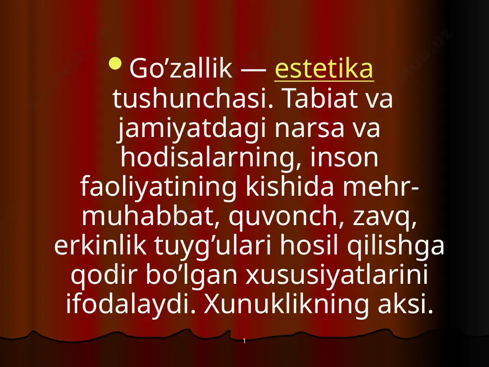 ning mutlaq uyg’unligini topadi. chernishevskiy ta’kidlashicha, hayot — g.dir, inson hayoti, ehtiyoji va maqsadiga mos tushuvchi narsalar go’zaldir. 1 19—20-a. jahon estetikasidagi turli falsafiy yo’nalishlar vakillari ilgari surgan g’oyaga ko’ra, g. inson ruhiyati, qalbi va ma’naviyati b-n bog’liq tushunchadir. g. manbai — shaxs qalbidadir. 1 g. — inson va hodisalarni umuminsoniy va milliy qadriyat sifatida belgilovchi ijtimoiy, ijobiy va ijodiy tushunchadir. g. ni idrok etish shaxsning jamiyatda tutgan o’rni, ongi, didi, dunyoqarashi va b. omillarga bog’liq. o’zbek tilidagi "chiroyli" so’zi estetik baho sifatida alohida buyum, narsa va shaxsni, ko’pincha tashqi belgilar va shakllarning mutanosibligi, uygunligini nazarda tutsa, g. so’zi inson ongidagi tushunchani, tasavvurni, idealni ifodalaydi. 1 tarixiy taraqqiyot natijasida har bir xalq o’zining g. ideali va tushunchasiga ega bo’ladi. bu tushunchalardagi mushtarak insoniyma’naviy jihatlar umumbashariy g. haqidagi tasavvurni shakllantiradi. g. tabiat, jamiyat va insonga xos mushtarak xususiyatlarni qamrab olgan holda muayyan sharoit va hodisalar b-n bog’liq tarixiy, ijtimoiy, milliy va …