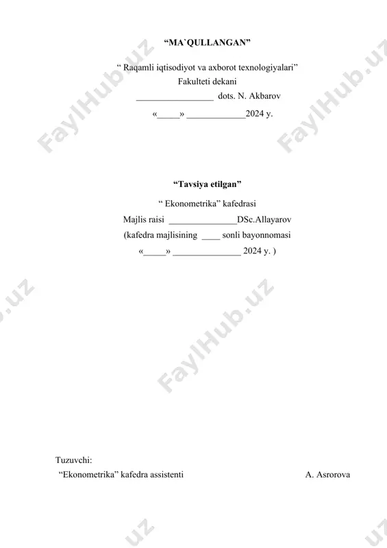 lyatsiya koeffitsienti (rxy) hisoblansin. 3) elastiklik koeffitsienti ( ) hisoblansin. tar.raqami у х 1 14 16 2 12 18 3 16 19 4 21 25 5 24 30 kafedra mudiri dsc. p.allayarov variant №4 1. chiziqli va chiziqsiz regression bog`lanishlar 2. korrelyatsion-regression tahlilda eng kichik kvadratlar usulining qo`llanishi 3. masala. jadvalda keltirilgan ma'lumotlar asosida: 1) y =a+bx regressiya tenglamasining a va b parametrlari hisoblansin; 2) y va x ko‘rsatkichlarning bog‘liqlik zichligini aniqlovchi korrelyatsiya koeffitsienti (rxy) hisoblansin. 3) elastiklik koeffitsienti ( ) hisoblansin. tar.raqam у х 1 15 17 2 13 19 3 17 20 4 22 26 5 25 31 kafedra mudiri dsc. p.allayarov variant №5 1. ko`p omilli ekonometrik modellarni tuzish uslubiyoti 2. chiziqli va chiziqsiz ko`p omilli regression bog`lanishlar 3. masala. jadvalda keltirilgan ma'lumotlar asosida: 1) y =a+bx regressiya tenglamasining a va b parametrlari hisoblansin; 2) y va x ko‘rsatkichlarning bog‘liqlik zichligini aniqlovchi korrelyatsiya koeffitsienti (rxy) hisoblansin. 3) …