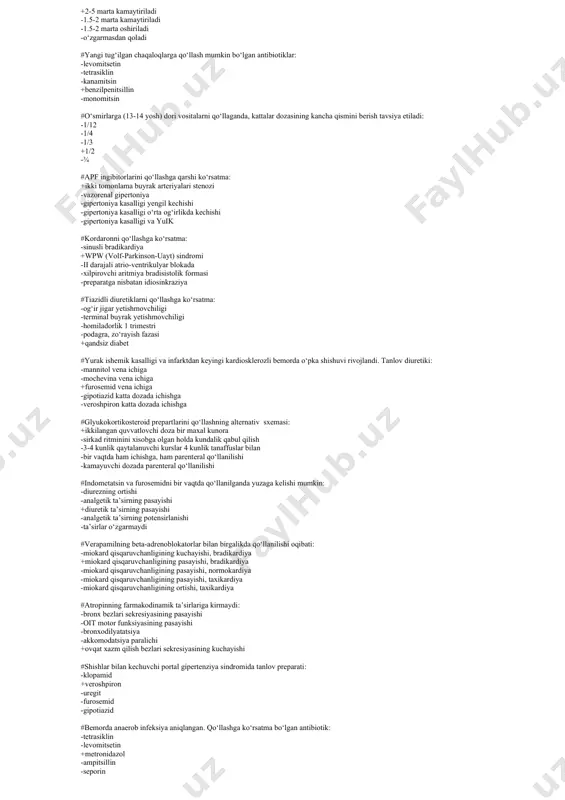 fonida, bemorda tez-tez yuzaga keluvchi qorincha ekstrasistoliyalari paydo bo‘ldi. qaysi antiaritmik dori vositasini buyurasiz: -xinidin +difenin -novokainamid -finoptin -diltiazem #bilvosita antikoagulyantlar bilan keng spektrli antibiotiklarni bir vaqtda qo‘llash natijasida antikoagulyantlar ta’siri: -pasayadi -o‘zgarmaydi +oshadi -o‘ta pasayadi -o‘rganilmagan #lidokainning past bioerishuvchanligi asosan quyidagiga bog‘liq: -yuqori darajadagi presistem klirensga +jigardan bilamchi o‘tish effektiga -past darajadagi absorbsiyaga -qon oqsillari bilan yuqori darajada birikishiga -preparatning o‘zgarmagan holda siydik bilan chiqarilishiga #kordaronning qorincha taxikardiyalari paroksizmini bartaraf etish uchun ratsional dozalash tartibi: +v/i bolyus 300-450 mg, so‘ng v/i tomch. 150-300 mg 30-120 min.ichida -v/i oqim bilan, sekin-asta 450 mg -v/i tomchilab 450 mg 2-3 soat ichida -ichish uchun kuniga 1 tab x 4 maxal (800 mg) -vena ichiga oqim bilan bir marta 300 mg #bemor "ashaddiy" kashanda teofillin qabul qiladi. chekish teofillinning t1/2 davriga qanday ta’sir etadi: -uzayadi -deyarli o‘zgarmaydi -juda uzayadi -o‘rganilmagan +qisqaradi #asetilsalitsilat kislota va peroral qandni tushiruvchi vositalarni bir vaqtda qo‘llanilganda, ularning gipoglikemik …
