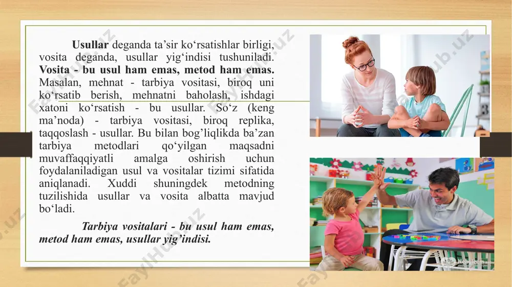 bo’la olmaydi. ularga indivudual va shaxsiy tuzatishlar kiritish zarur. insonparvar pedagog har bir shaxs o‘ziga xosligining rivojlanishiga, o'ziga xosligini saqlashga, o‘zining «men»ini ro‘yobga chiqarishga imkon beradigan metodlarni qo‘llashga harakat qiladi. 6. tarbiyaviy shart-sharoitlar. unga moddiy, psixofizioiogik, sanitar-gigienikdan tashqari sinfda yuzaga keladigan munosabatlar: jamoadagi iqlim, pedagogik rahbarlik usuli va boshqalar tegishlidir. ma’lumki, mavhum shart-sharoitlar bo‘lmaydi, ular hamisha aniq. ulaming birlashuvi aniq holatlarda ko‘rinadi. tarbiya amalga oshadigan sharoit pedagogik vaziyatlar deb ataladi. 7. tarbiya vositalari. tarbiya metodlari tarbiya jarayonining tarkibiy qismi sifatida yuzaga chiqadigan tarbiya vositalaridan tashkil topadi. metodlar ular bilan mustahkam bog‘langan va birgalikda qo‘llaniladigan boshqa tarbiya vositalari ham mavjud. masalan, metodlami samarali qo‘llash uchun zaruriy yordam beruvchi ko‘rgazmali qurollar, tasviriy san’at asarlari va musiqa san’ati, ommaviy axborot vositalari. 8. pedagogik malakani egallaganlik darajasi. tarbiyachi odatda faqat o‘zi biladigan va qoilay oladigan metodlami tanlab oladi. ko‘plab metodlar murakkab bo‘lganligi bois, o‘qituvchidan ko‘p kuch ishlatishni talab etadi. bunday mas’uliyatdan bo‘yin tovlaydigan pedagoglar …