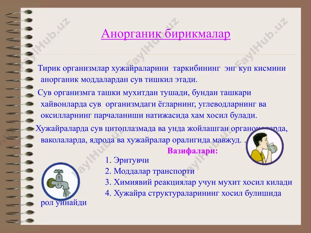 ентар бўлади metabolizm modda va energiya almashinuvi plazmatik membrana orqali moddalar transporti plazmolemmaning funksiyalari. himoya, baryer; transport – ichki va tashqi muhit bilan modda alma-shnuvi. plazmolemma ya-rim o’tkazuvchanlik xu-susiyatiga ega, shuning uchun ba’zi moddalar hu-jayraga oson, boshqalari esa qiyin o’tadi. ionlar va boshqa yirik molekulalar membrane orqali to’g’ri-dan-to’g’ri o’ta olmaydi. retseptorlik “human biology” sylvia s. mader, 2010 dan keltirilgan diffuziya – bu moddalarni yuqori konsentrat-siyali joydan past konsentatsiyali joyga o’tishi. diffuziya hujayrada moddalarni passiv trans-porti hisoblanadi. buning uchun energiya talab qilinmaydi. plazmolemma orqali moddalar harakati vaq-tida oldiga va orqaga kuzatiladi, lekin kam konsentratsiyali tomonga harakati aniq ko’-rinadi. suv va molekula miqdori tenglashganda aniq harakat ko’rinmaydi. ba’zi moddalar membrane orqali diffuziya yo’li bilan o’tadi. bunda moddalar ikki tomon-lama harakatlanadi. lekin muvozanatga kel-guncha yuqori konsentratsiyali joydan past konsentratsiyali joyga harakatlanadi. kislorod membrane orqali hujayra ichiga o’tadi. bu kis-lorod energiya manbasi diffuziya. 36 osmos. o’smos yarim o’tkazuvchi mem-brana orqali suvning harakati bo’lib, yuqori …