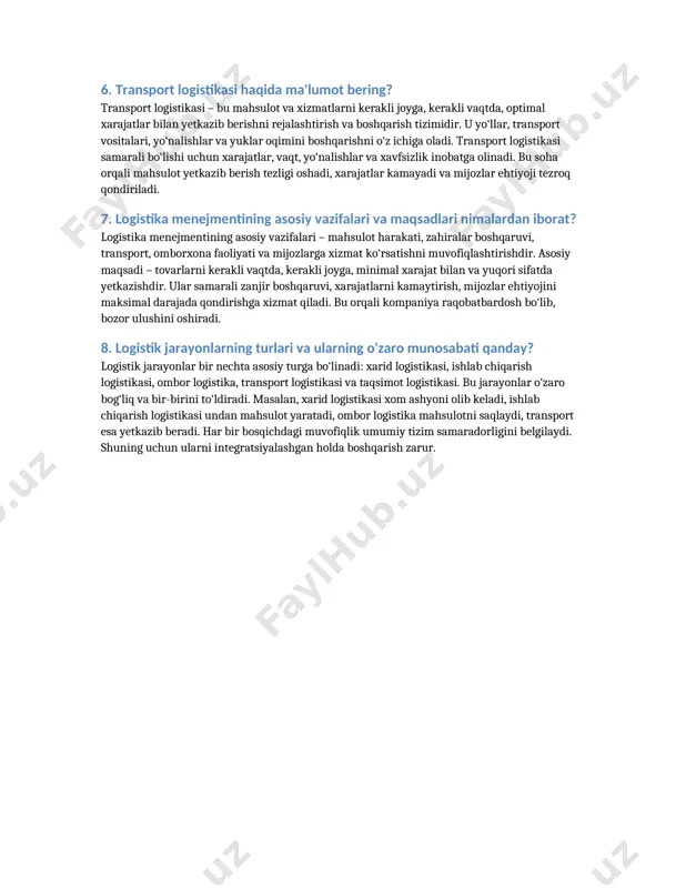 lg‘or yondashuvlardir. masalan, blokcheyn texnologiyasi yuklarning harakatini kuzatishda shaffoflikni ta’minlaydi. dronlar va robotlar yetkazib berish tezligini oshiradi. ai va iot esa transport va omborlarni avtomatik boshqaradi. bunday texnologiyalar logistika zanjirlarining aniqligi, samaradorligi va xavfsizligini ta’minlaydi. ular global savdo va yetkazib berish tizimlarining asosiy elementi hisoblanadi. 5. logistika va marketing o'zaro bog'liqligi nimadan iborat? logistika va marketing o‘zaro chambarchas bog‘liq, chunki mijozni qondirish har ikkala yo‘nalishning asosiy maqsadidir. marketing mijozlar ehtiyojini o‘rganadi va mahsulotga talab yaratadi, logistika esa bu mahsulotni tez va sifatli yetkazib beradi. agar logistika sekin ishlasa yoki mahsulot kechikib yetsa, marketing strategiyasi muvaffaqiyatsiz bo‘lishi mumkin. shuningdek, marketing aktsiyalari logistika hajmini oshiradi, shuning uchun ular muvofiqlashtirib ishlashi kerak. 6. transport logistikasi haqida ma'lumot bering? transport logistikasi – bu mahsulot va xizmatlarni kerakli joyga, kerakli vaqtda, optimal xarajatlar bilan yetkazib berishni rejalashtirish va boshqarish tizimidir. u yo‘llar, transport vositalari, yo‘nalishlar va yuklar oqimini boshqarishni o‘z ichiga oladi. transport logistikasi samarali …