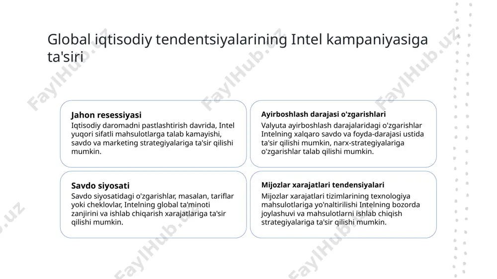 i intel ayirboshlash darajasidagi o'zgarishlarga samarali bir xil qaror qilish uchun hedging texnikalaridan, valyuta egallarini diversifikatsiyalashdan yoki narxlar bo'yicha o'zgartirishlar qilishdan foydalanishi mumkin. intel kampaniyasi uchun makroiqtisodiy xavf va imkoniyatlar jahon iqtisodiy noaniqlik o'zgaruvchan valyuta kurslari va savdo qatlamalari intel uchun xavflarni o'z ichiga oladi, ammo yangi bozorlarga kengayish imkoniyatlarini ham beradi. texnologik innovatsiya so'nggi texnologiyalar uchun i+dga investitsiya qilish intelni texnologiya sohasining lideri sifatida joylashtirishi, kengayish va foydali faoliyatni ta'minlaydi. ta'minot zaxiralari buzilishi intel ta'limot operatsiyalarini sodda qilish uchun tabiiy ofatlar yoki geoplitik munosabatlar kabi buzishlardan kelib chiqadigan xavflarni qisqartirish uchun strategiyasini belgilash kerak. intel kampaniyasi yakun va kelajagi intel kampaniyasining muvaffaqiyatlari intel kampaniyasi brend tanishligida 20% o'sish va bozor bo'yicha 15% o'sishga erishdi. dushanbadagi muammoatlar intel yoshlarni maqsadga yetkazish va chiqishmoqda bo'lgan yangi texnologiya kompaniyalariga qarshi kurashda muammoatlar bilan yuzlashdi. kelajakdagi strategiyalar intel etkazuvchilar bilan hamkorlik qilish va sarmoya qilishga e'tibor qaratish orqali keng obrazda obuna jalb qilish …