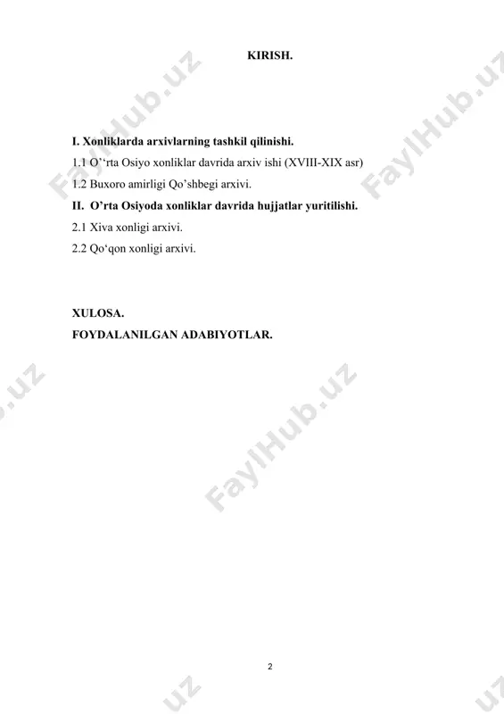 o‘rganishda o‘mi beqiyosdir. 0‘rta osiyo xonliklari: buxoro, xiva va qo‘qon xonliklarining davlat arxivi o‘tgan asrda, ya’ni 1865, 1876-yillardan keyin, ya’ni xonliklar rossiya impyeriyasi harbiylari tomonidan bosib olinganidan keyin, rossiyaga olib ketildi hamda muzey va kutubxonalarda saqlandi. ulaming - ijtimoiy-iqtisodiy hayotga oid qismi, 1960-yildan keyin toshkentga 0‘zbekiston markaziy davlat tarix arxiviga qaytarildi. xiva xonligining arxivi va uning materiallari asosida asrimizning 60-yillarida ozmi-ko‘pmi ilmiy ishlar olib borildi. biz bu 0‘rta osiyo xalqlarinigg ijtimoiy-iqtisodiy va siyosiy tarixini o‘rganishda qo‘qon xonligi arxivining ham ahamiyati kattadir. bu muhim arxiv ham o‘z vaqtida (1876-yildan keyin) sankt-peterburgga olib ketilgan va imperator muzeyi (hozirgi sharqshunoslik instituti) sankt-peterburg xalq kutubxonasi fondlarida joylashtirilgan edi. mazkur arxivga tegishli hujjatlar prof. a.l. troitskaya tomonidan o‘rganilib, 1968-yilda “katalog arxiva kokandskix xanov xix veka” nomli ma’lumotnomasi e’lon qilindi. 0‘zbekiston respublikasi markaziy davlat arxivida qo‘qon, xiva xonlari arxivlari, buxoro amrrliginibg qushbegi arxivi, turkiston general-gubemjatorligi, uning barcha tashkilotlari arxivlari, shuningdek, 0‘zbekistonning oktabr to‘ntarishidan keyingi davr, sovet …
