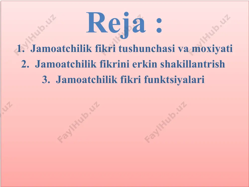 a individual fikr-tasavvurlarning yuzaga kelishi uchinchi bosqich: esa jamoalar fikrining aylanishini ifodalovchi nuqtai nazarlar uygunlashuvi va birlashuvi jarayonlaridir jamoatchilik fikrini tadrijiy shakillanish jarayoni quydagi tartibda amalga oshadi. ikkinchi bosqichda: alohida shaxslar fikrlarining suxbat, baxs,yigin va mitinglar vositasida jamoa fikriga aylanishi. jamoatchilik fikrini funkisyalari derektiv, yani qarorlar qabul qilishda jamoatchilikning keng ishtirok etishi. turli davlatlar va nodavlat tashkilotlar ishi ustidan nazorat ornatishda ekspressiv (nazorat) – ya’ni favqulotda xodisalarning oldini olish va ularni bartaraf etish va hakozo funsiyalarni bajaradi. konstrukruktiv funkstyasi. konsultativ – qarorlarni hayotga tadbiq etishda, xukm chiqarishda keng jamoatchilikning bilan maslahatlashish. regulyativ ( boshqaruv ) funksyasi. baxolash funksiyasi . pozitiv ( ijobiy ) funksiyasi . negativ ( salbiy ) funksiyalarni bajaradi. foydalanilgan adabiyotlar o’zbekiston respublikasining konistitutsiyasi – t; > 2001 karimov i.a. o’zbekiston milliy istiqlol, siyosat, mafkura. – t; > 2001 bekmurodov .m sotsialogiya asoslari > 1994 bekmurodov .m va boshqalar. sotsialologiya. maruzalar matni. t.:o’ajbnt , 2000 e’tiboringiz uchun tashakkur! …