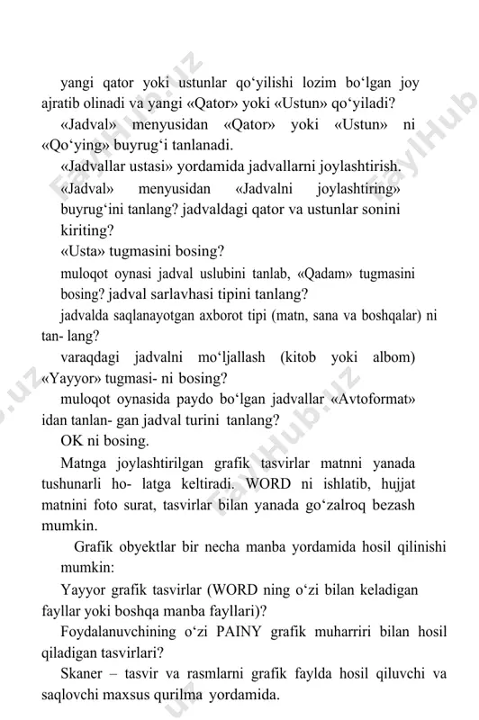 bosiladi. boshqa grafik faylni ham «sichqoncha» yordamida o‘qish mumkin. word 7 da rasmlarni formatlash usuli: rasmni «sichqoncha»ning chap tugmasi yordamida o‘qing? ekranda belgili ramka paydo bo‘ladi, «sichqoncha» bilan uning o‘lchovini o‘zlashtirish mumkin, biroq rasmni «sichqoncha» yorda- mida harakatlantirib bo‘lmaydi. rasmni harakatlantirish uchun uni kadrda o‘zgartirish kerak, ya’ni «sichqoncha»ning o‘ng tugmasini rasm bo‘yicha harakatlantirib, «kontekst» menyusidan «kadr» buyrug‘i beriladi. «kontekst» menyusida rasmni formatlash, tahrirlash, nusxalash, yo‘qotish, joylashtirish, shuningdek, grafik muharririni chiqarib, unga o‘zgartirish ham mumkin. office 2000 da rasmlarni formatlash birmuncha oson kechadi, chunki rasmlar birdaniga kadrga qo‘yiladi. rasmlarni formatlash uchun «soz- lash» panelidan foydalaniladi. rasmlar kadrga qo‘yilgandan keyin o‘lchamlarni o‘zgartirish va siljitish uchun quyidagi ishlar bajariladi. -sichqoncha belgisi rasm ustiga keltirilib sichqonchaning chap tug- masi bir marta bosiladi. natijada chetlari hoshiyalanadi. -hoshiyadagi nuqtalarga sichqoncha belgisi olib borilganda strelka t› shaklga kelgandan so‘ng sichqonchaning chap tugmasi bosib turilib, chapga yoki o‘nga siljitilib rasmning o‘lchami o‘zgartiriladi. mavzu: wordda jadvallar va rasmlar bilan …