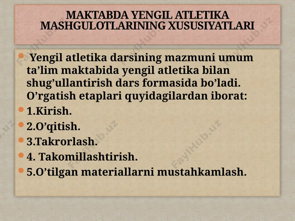 ida uzunlikka sakrash texnikalarini o’rganadilar. granata va nayza hamda yadro otish texnikalarini o’zlashtirib boradilar. mashgulotlarining maqsadi faqat shundan keyingina shuning maqsadii shakllanadi va uning asosida o’quvchilarning kutilayotgan nazariy, jismoniy va texnik tayyorgarliklari holati darajasi loyihalashtiriladi. kutilayotgan jismoniy holatga maktab o’quv dasturida nazarda tutilgan nazariy ma’lumotlarni o’zlashtirish, jismoniy mashqlarni o’rganish va jismoniy sifatlarni tarbiyalash bo’yicha bir qator aniq vazifalarni qo’yish bilan erishiladi. shunday ekan, rejalashtirishning navbatdagi texnologik operatsiyasi sifatida ta’lim va tarbiyaning aniq vazifalarini qo’yishni hisoblash mumkin. qo’yilgan vazifalarni hal qilish uchun o’qituvchi o’quvchilarga pedagogik ta’sir ko’rsatish tizimini aniqlaydi. u vositalar, uslublar va ish sharoitlarini uz ichiga oladi. bu operastiya, xuddi oldingidek, o’quvchilarning faol ishtiroklari natijasida amalga oshirilishi mumkin. bu vaqtda jismoniy tarbiya jarayonini to’g’ri tashkil qilishga halaqit beruvchi yuz berishi mumkin bo’lgan noqulay omillarni hisobga olish lozim. pedagogik jarayonning to’g’ri borishini tekshirish uchun maxsus tanlab olingan ekspress-testlar yordamida bosqichma-bosqich nazorat o’tkazish quyi tizimi yaratiladi. agar har bir bosqich nazoratida olingan …