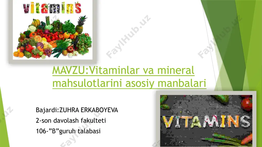 , bu to‘qimalarning normal holatda tutib turilishi va tiklanishida muhim ahamiyatga ega c vitaminibu vitamin ho‘l mevalarda, ko‘katlarda, sabzavotlarda, ayniqsa, limon, apelsin, mandarin, karam, pomidor, piyoz tarkibida ko‘p bo‘ladi. d vitamini vitamin d (kalsiyferollar yoki raxitga qarshi faol moddalar) bo‘lib, kimyoviy tabiati jihatidan sterinlar(xolesterin)ning hosilasidir, 1916 yilda o‘rganilgan va 1931 yilda sun’iy hosil qilingan. kalsiferollar ichida eng muhimlari xolekalsiferol (vitamin d3), ergokalsiyferol (vitamin d2) hamda digidroergokalsiferol (vitamin d4) lardir. vitaminlar mineral moddalar to’qimalar qurilishida ishtirok etuvchi,qon elеktrolitlar tarkibini tartibga soluvchi, muhim xayotiy jarayonlarga (hazm, immunitеt, gеmatopoеz, gеmokoagulatsiya va boshqalarga) ta'sir etadi. birinchi marta rus olimi vladimir vеrnadsky (1863-1945) tanani mavjud kimyoviy elеmеntlarni makrooziqaviy moddalar, mikroеlеmеntlar va ultramikroеlеmеntlarga bo’lib o’rgandi. uning klassifikasiyasiga ko’ra makroеlеmеntlar (yunoncha macros -katta) kaltsiy, fosfor, magniy, kaliy, natriy, xlor, oltingugurtnio’z ichiga oladi (ularning miqdori tanada organizmning kimyoviy tarkibini 0,1% ini tashkil qiladi). biogen elementlar ahamiyati biogen elementlar dan birortasi organizmda yetarli miqdorda boʻlmasa kasallik roʻy beradi (biogeokimyoviy …